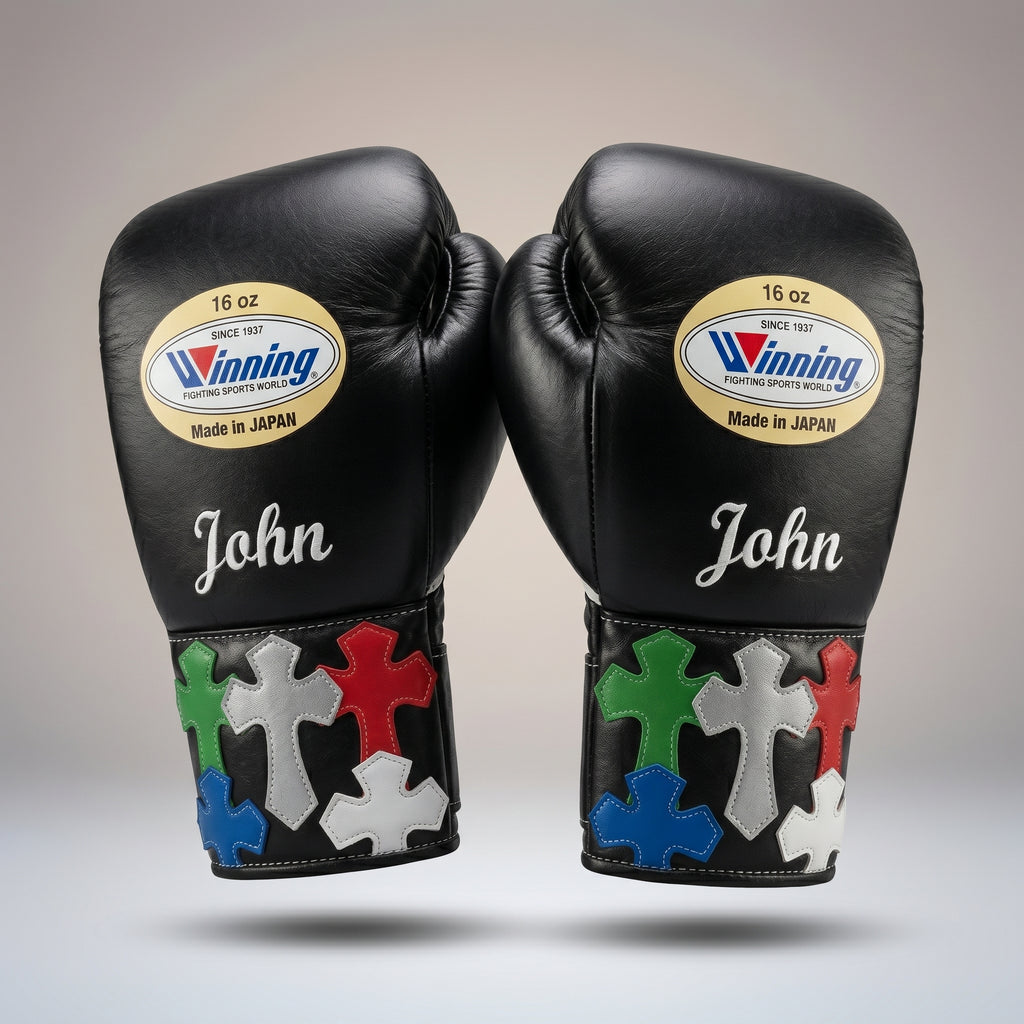Winning Custom Boxing Gloves – Personalised Name & Cross Patch Cuff (Made in Japan)