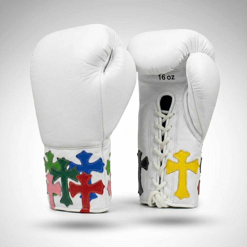 Champions Mafia White Boxing Gloves – Multi-Colour Cross Patch Lace-Up