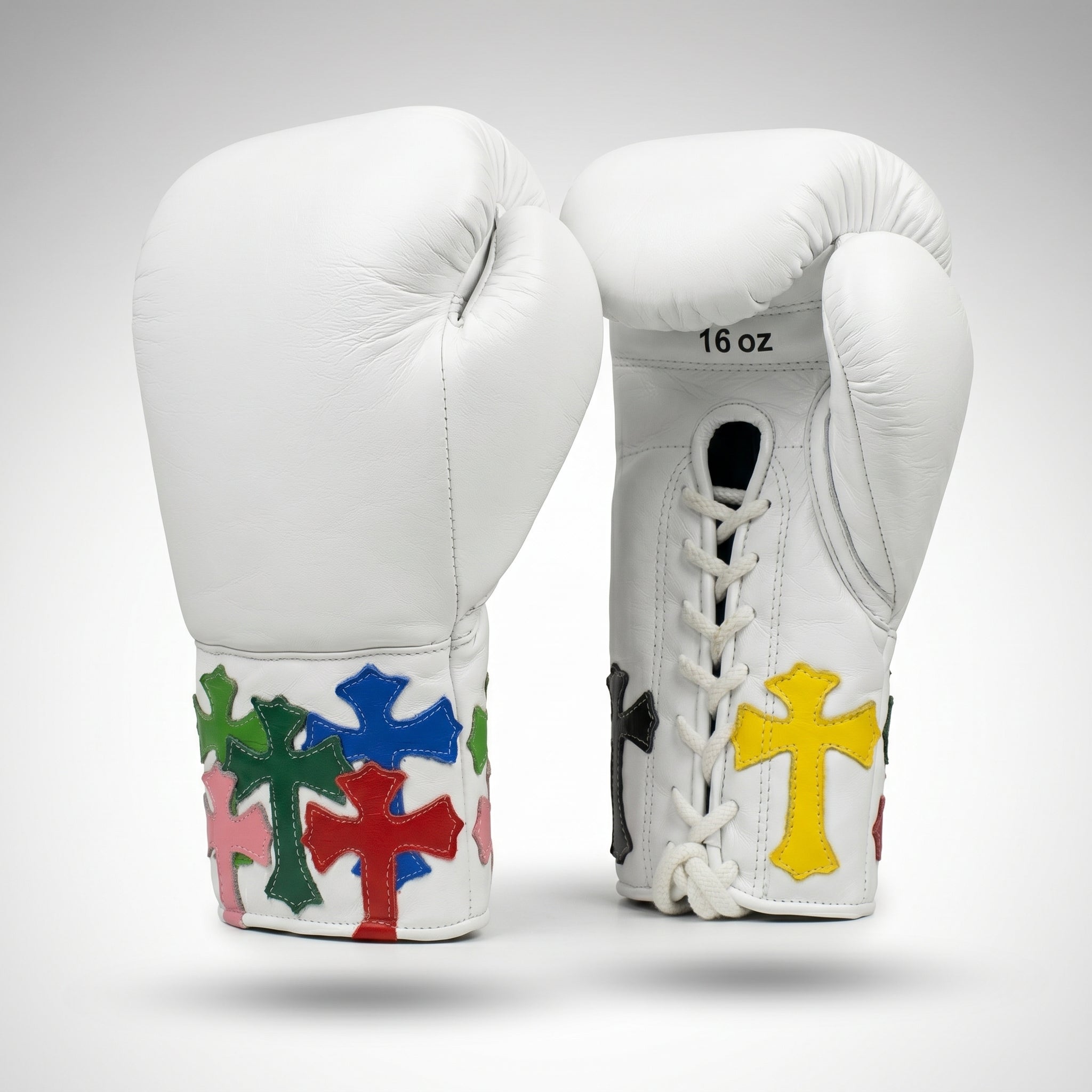 Champions Mafia White Boxing Gloves – Multi-Colour Cross Patch Lace-Up