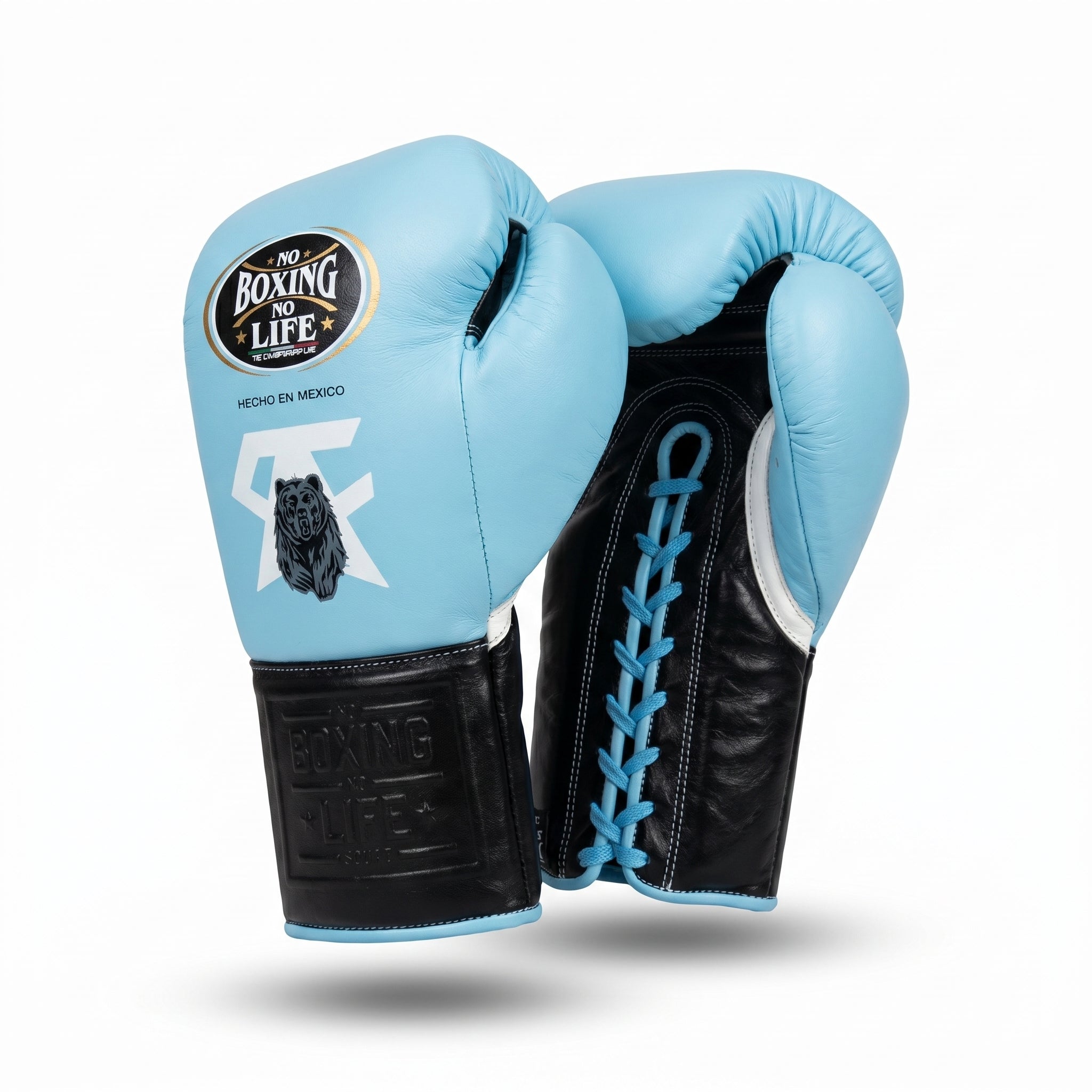 No Boxing No Life Squad Boxing Gloves – Sky Blue & Black Lace-Up (Hecho en Mexico)