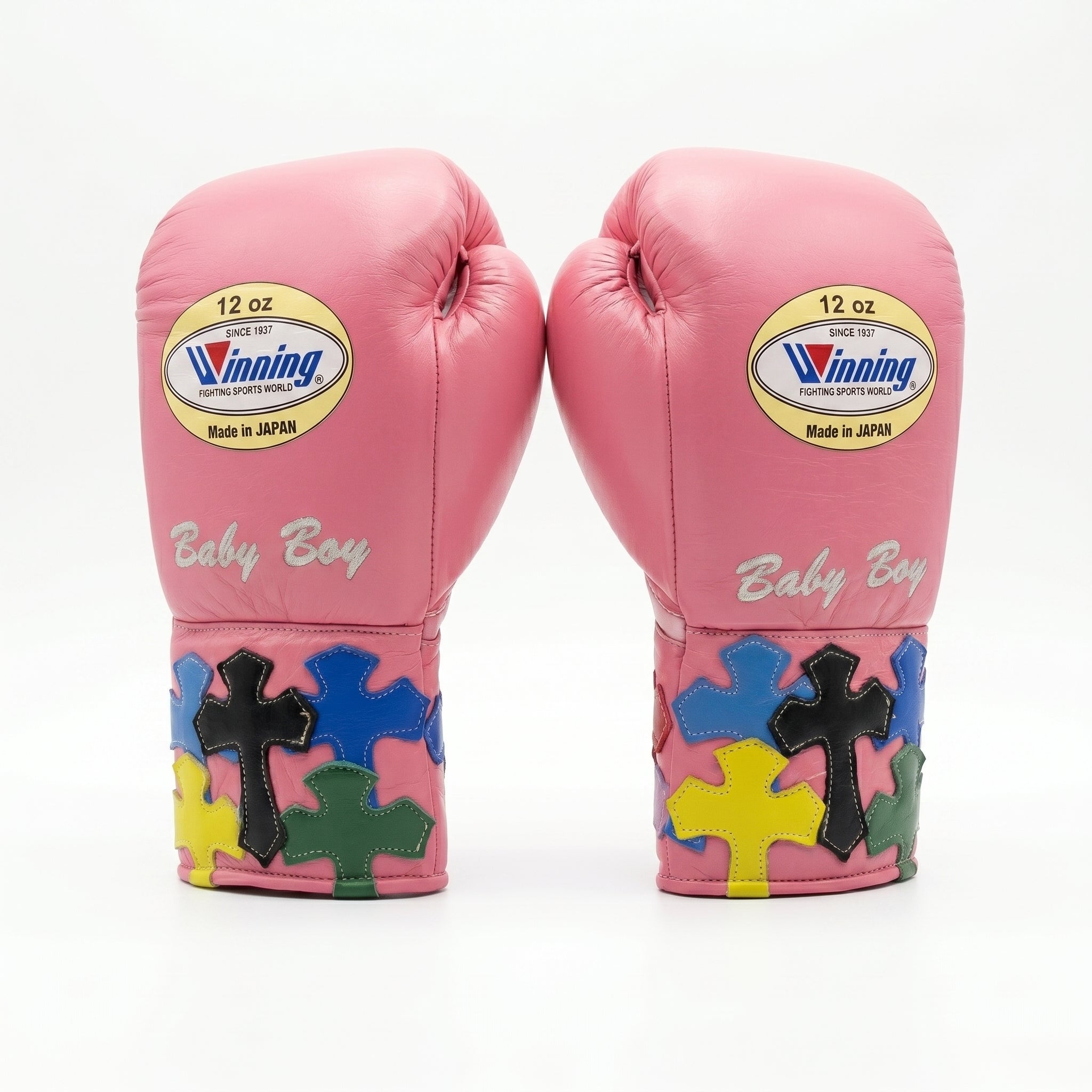 Winning Custom Boxing Gloves – Baby Boy Pink Multi-Colour Cross Patch Lace-Up (Made in Japan)