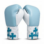 Sky Blue & White Teal Cross Patch Champions Mafia Professional Training Boxing Gloves – Lace-Up