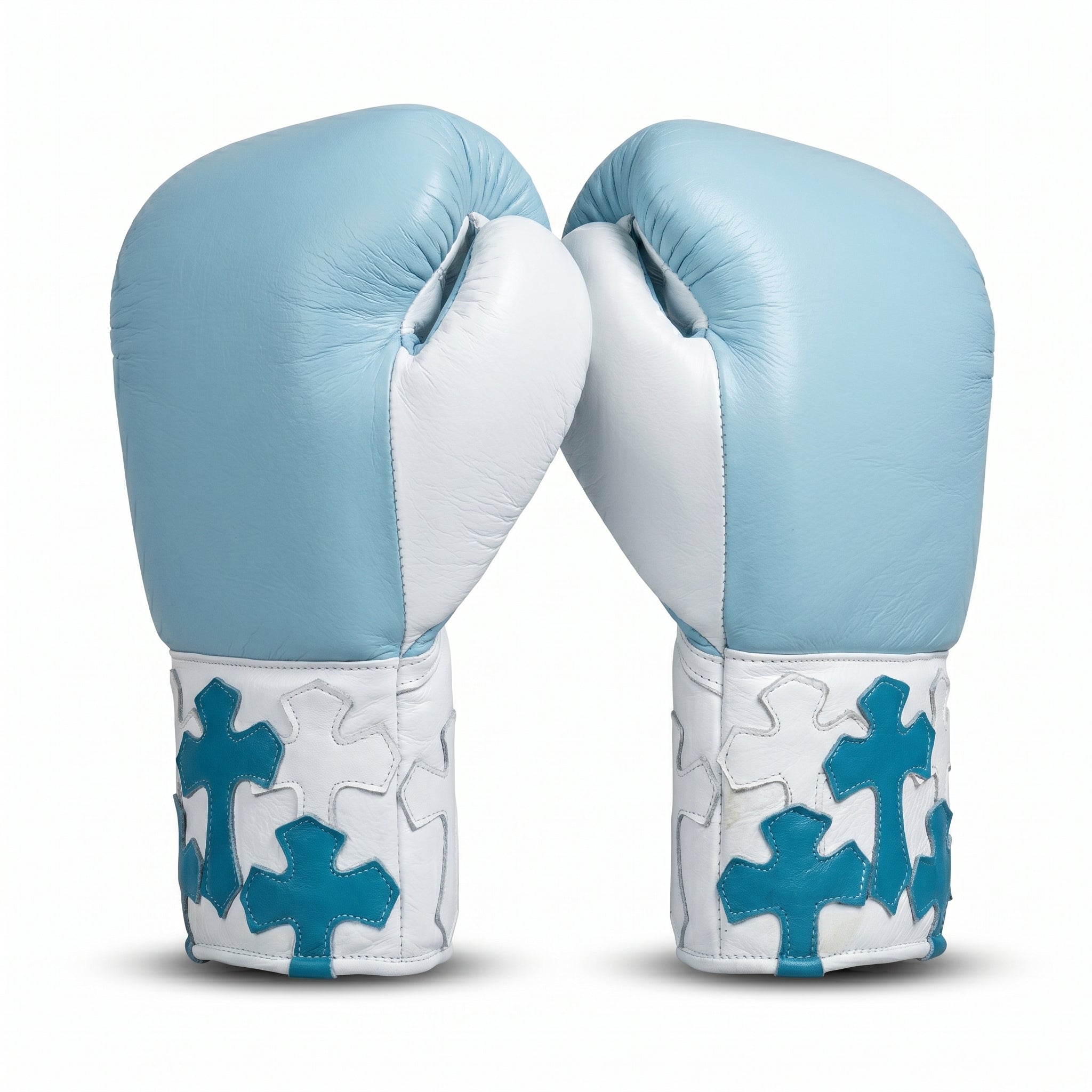 Sky Blue & White Teal Cross Patch Champions Mafia Professional Training Boxing Gloves – Lace-Up