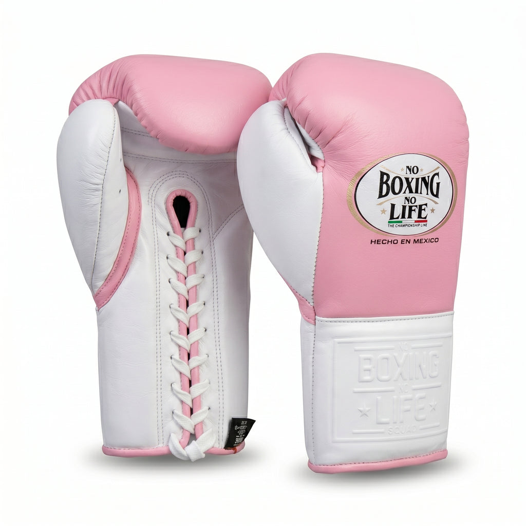 No Boxing No Life Boxing Gloves – Pink/White Lace-Up (Championship Line)