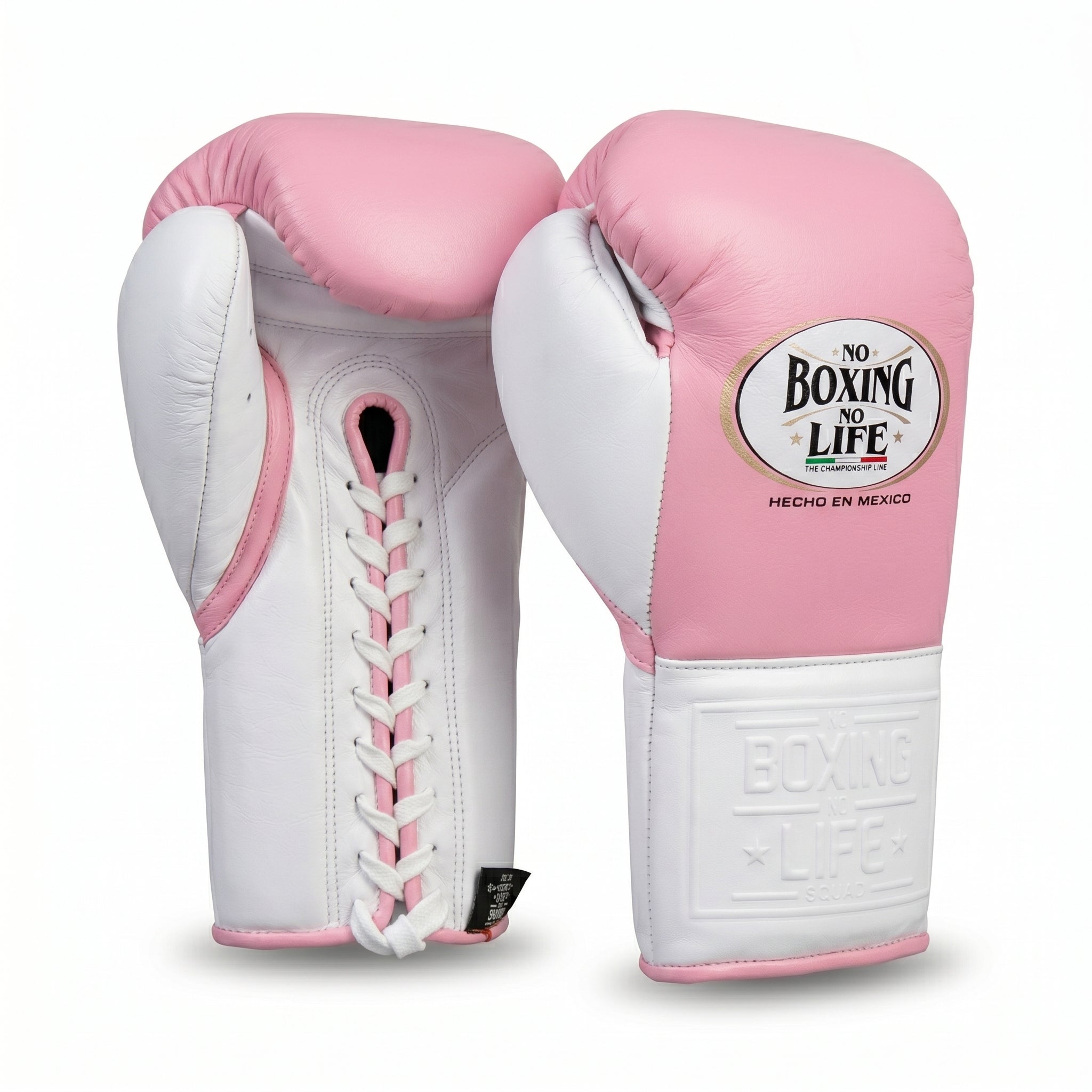No Boxing No Life Boxing Gloves – Pink/White Lace-Up (Championship Line)