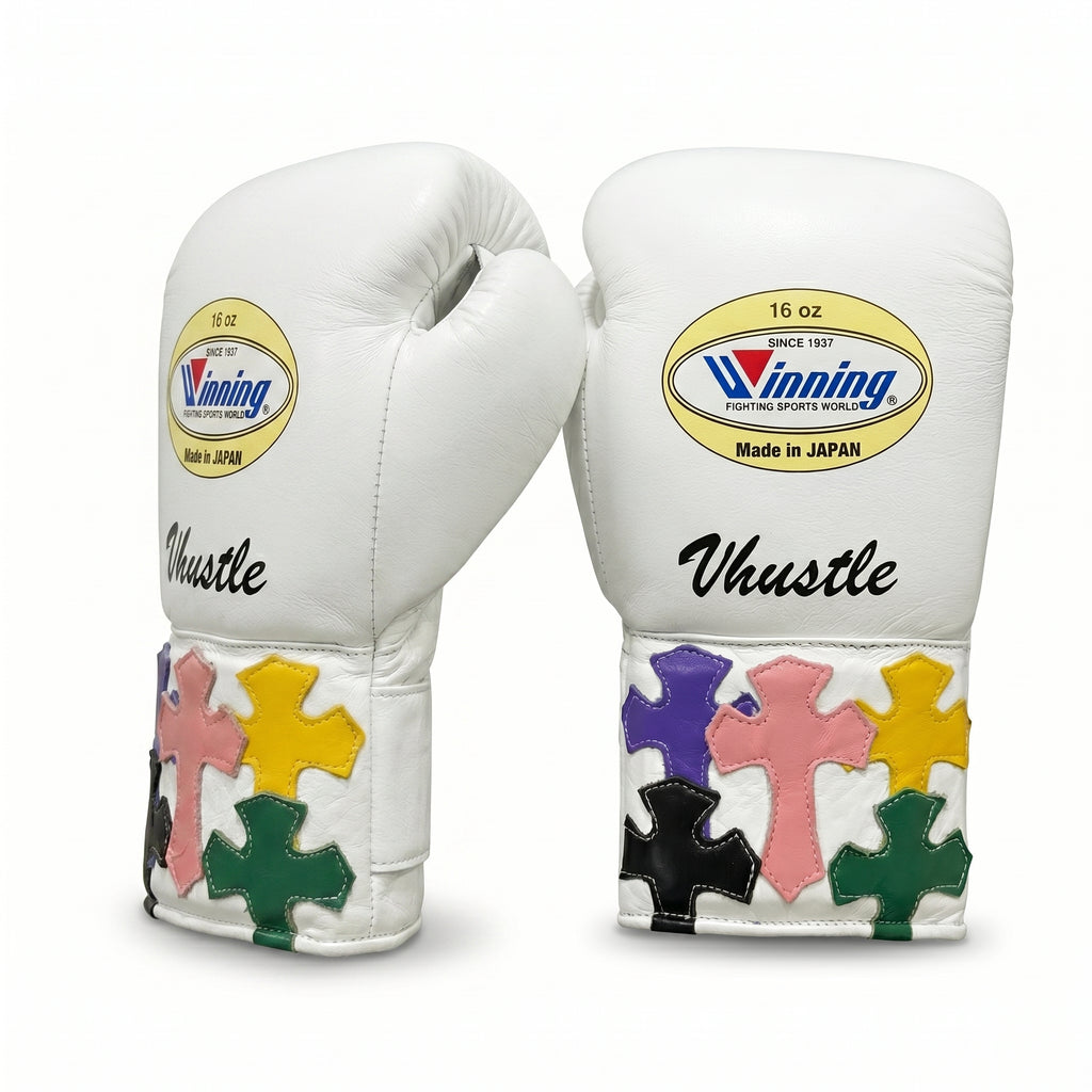 Winning Custom Boxing Gloves – Vhustle White Multi-Colour Cross Patch (Made in Japan)