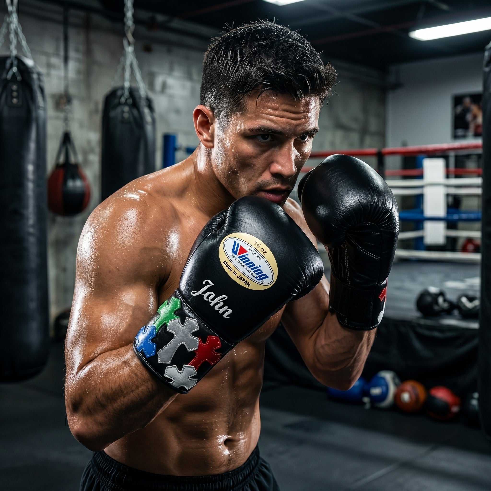 Winning Custom Boxing Gloves – Personalised Name & Cross Patch Cuff (Made in Japan)