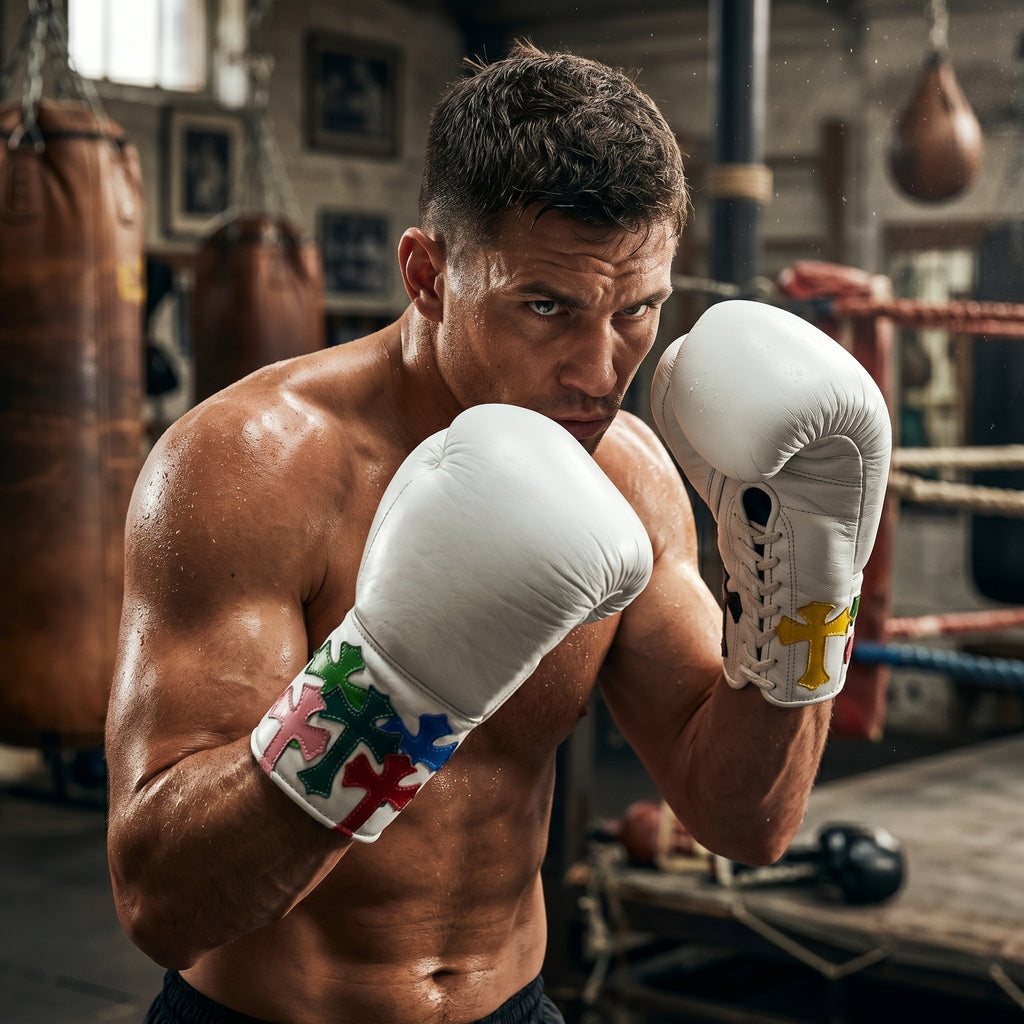 Champions Mafia White Boxing Gloves – Multi-Colour Cross Patch Lace-Up