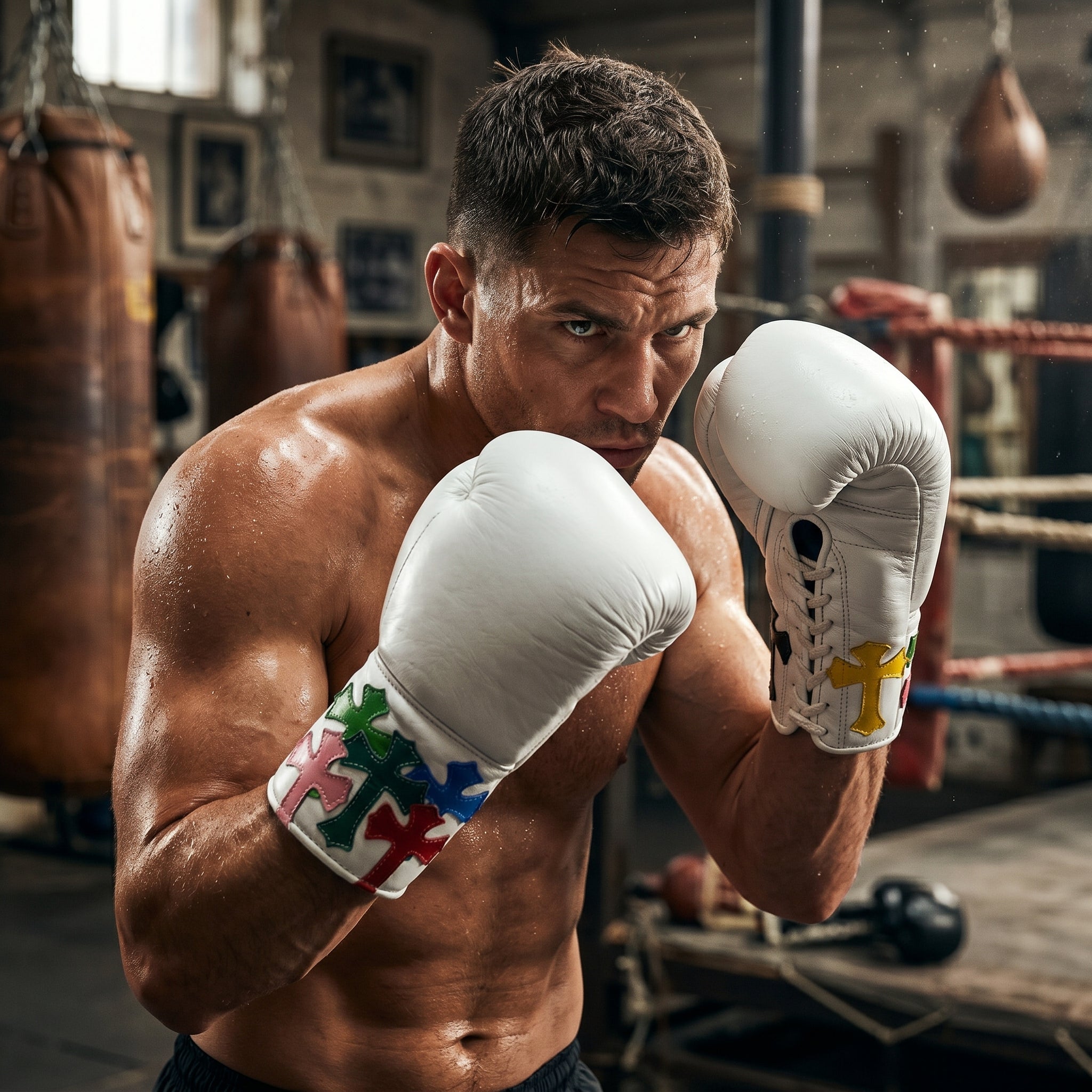 Champions Mafia White Boxing Gloves – Multi-Colour Cross Patch Lace-Up