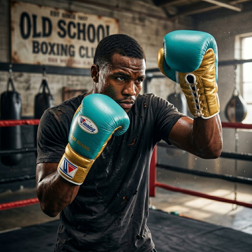 Winning x R&M Boxing Gloves – Cyan/Gold Lace-Up (Custom Edition)