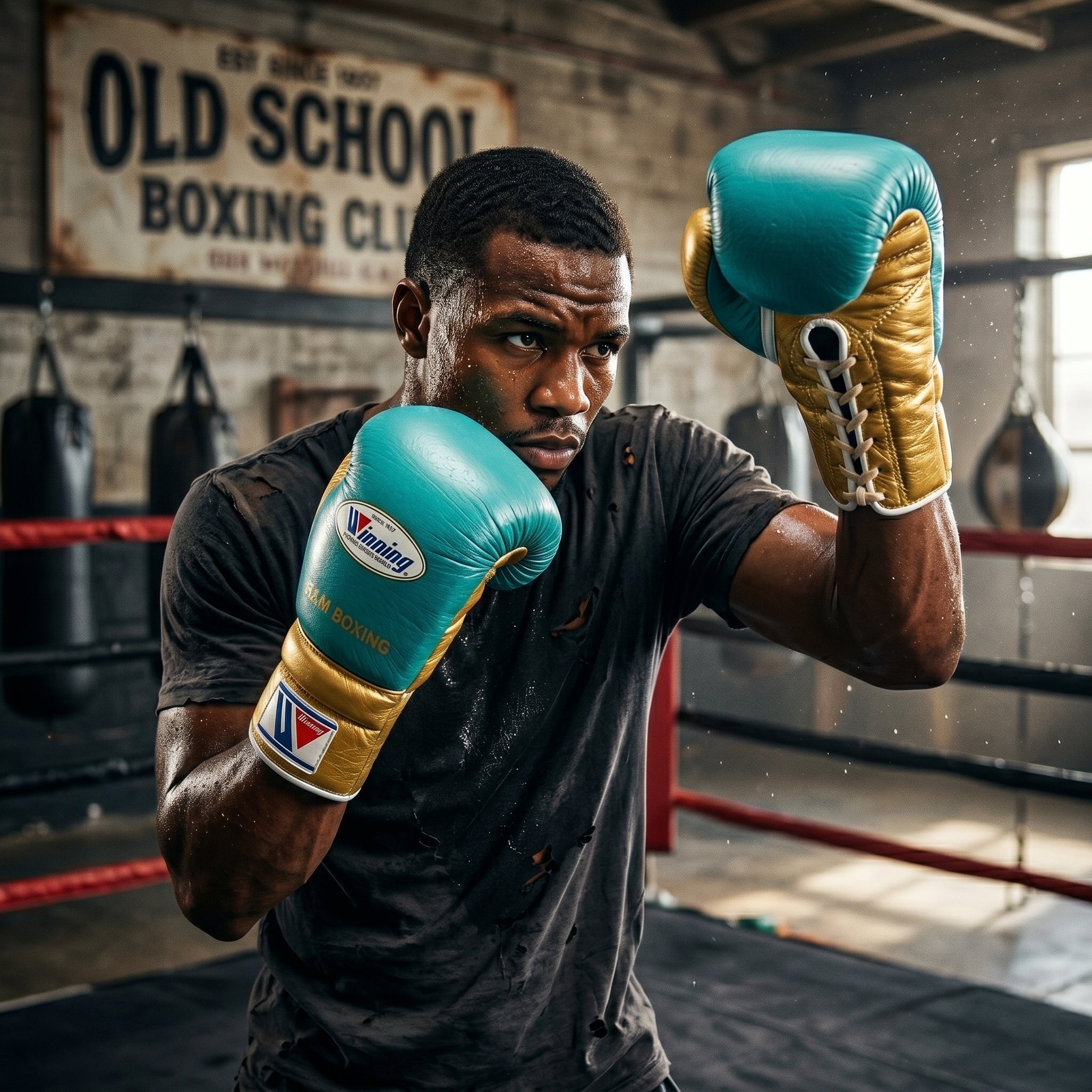 Winning x R&M Boxing Gloves – Cyan/Gold Lace-Up (Custom Edition)