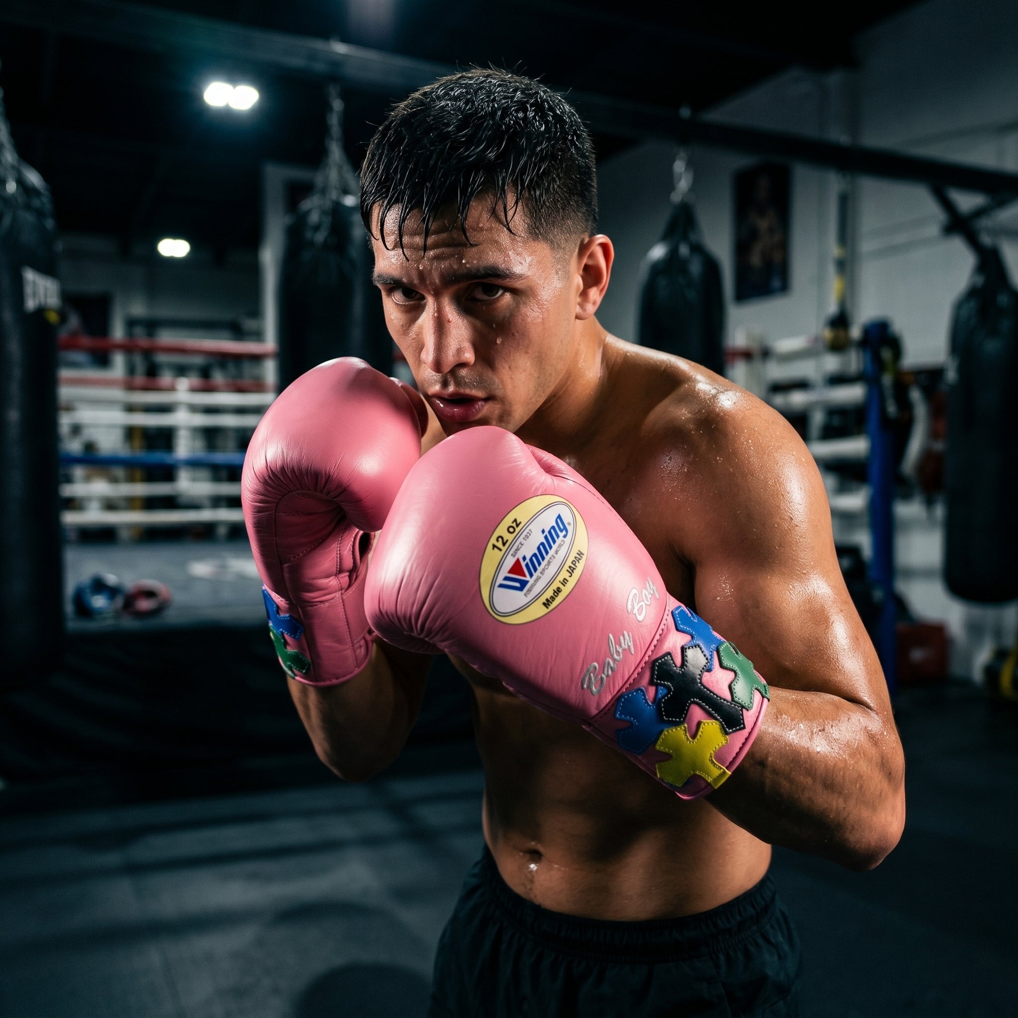 Winning Custom Boxing Gloves – Baby Boy Pink Multi-Colour Cross Patch Lace-Up (Made in Japan)