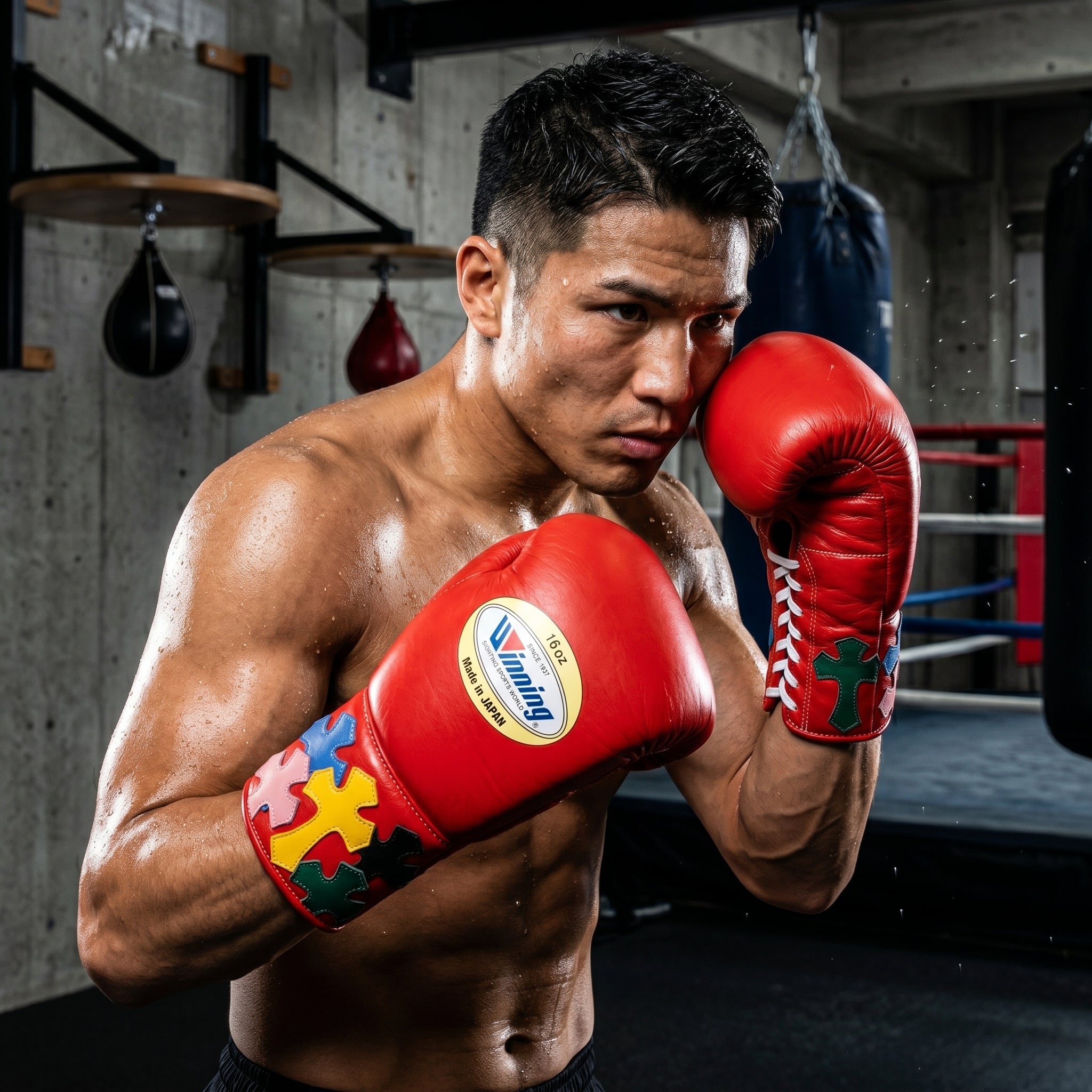 Winning Red Boxing Gloves – Multi-Colour Cross Patch Lace-Up (Made in Japan)