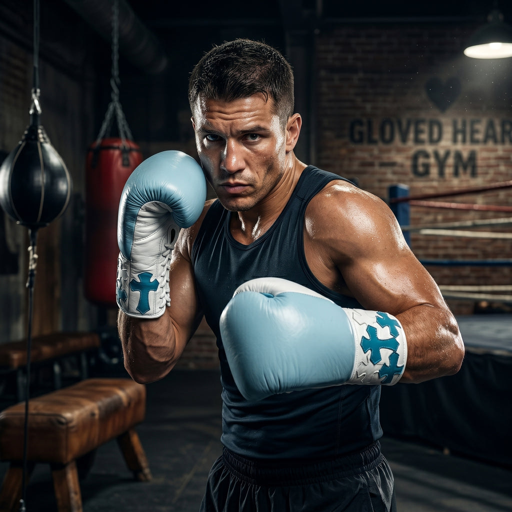 Sky Blue & White Teal Cross Patch Champions Mafia Professional Training Boxing Gloves – Lace-Up
