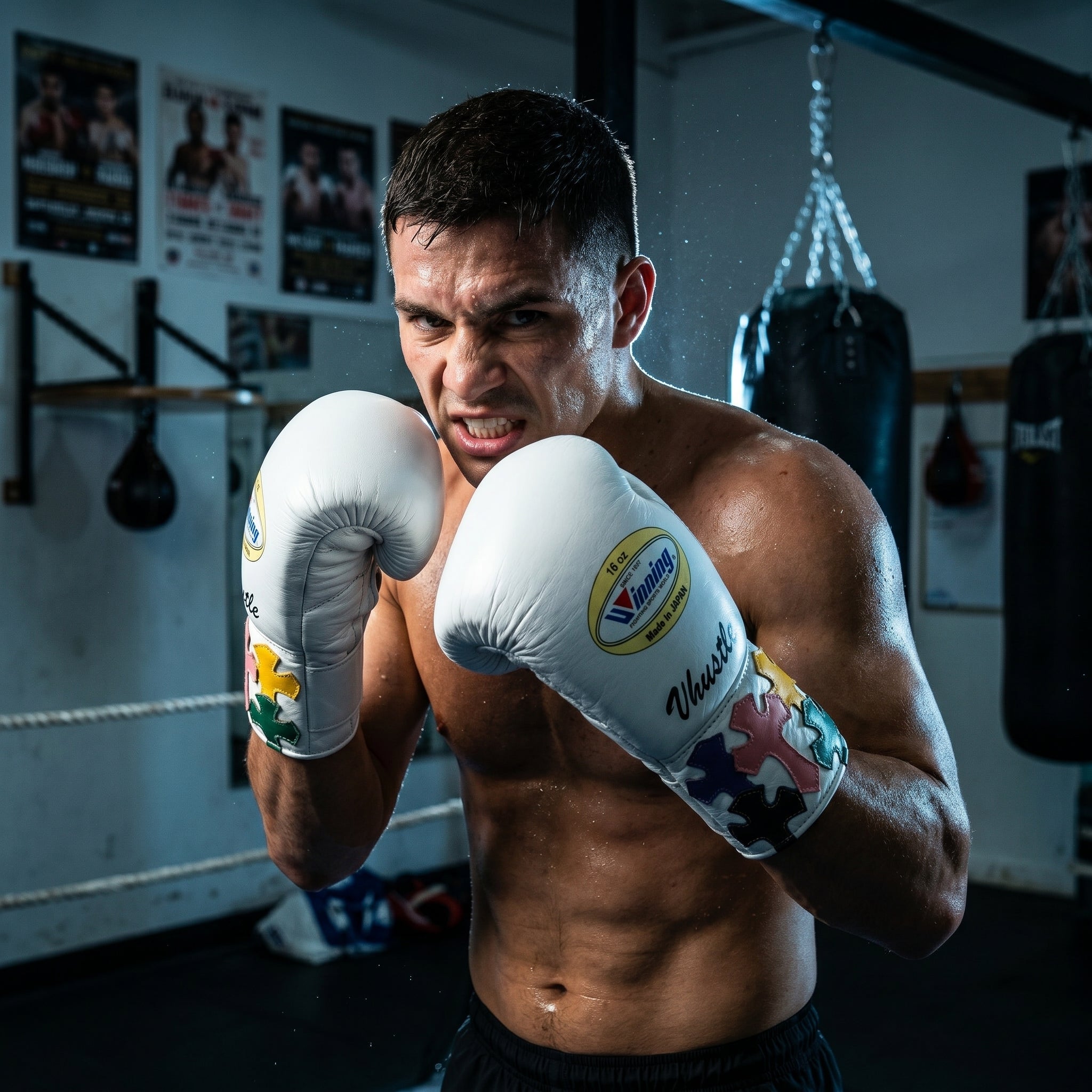 Winning Custom Boxing Gloves – Vhustle White Multi-Colour Cross Patch (Made in Japan)