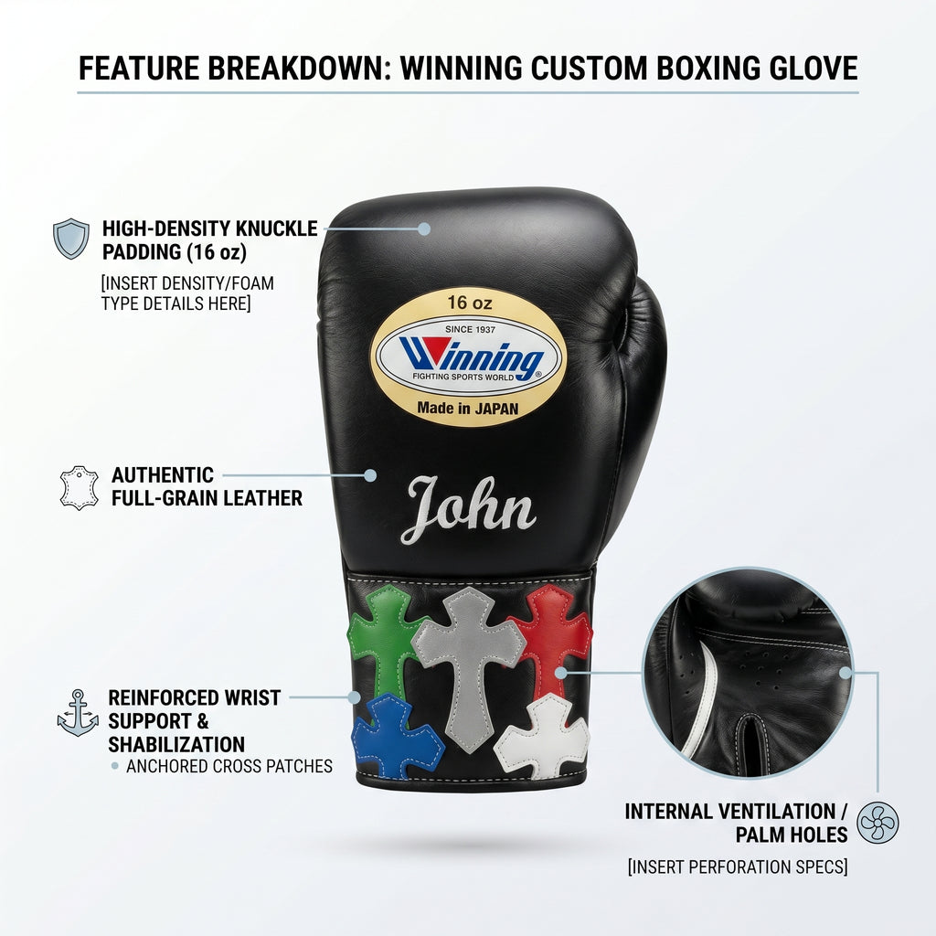 Winning Custom Boxing Gloves – Personalised Name & Cross Patch Cuff (Made in Japan)