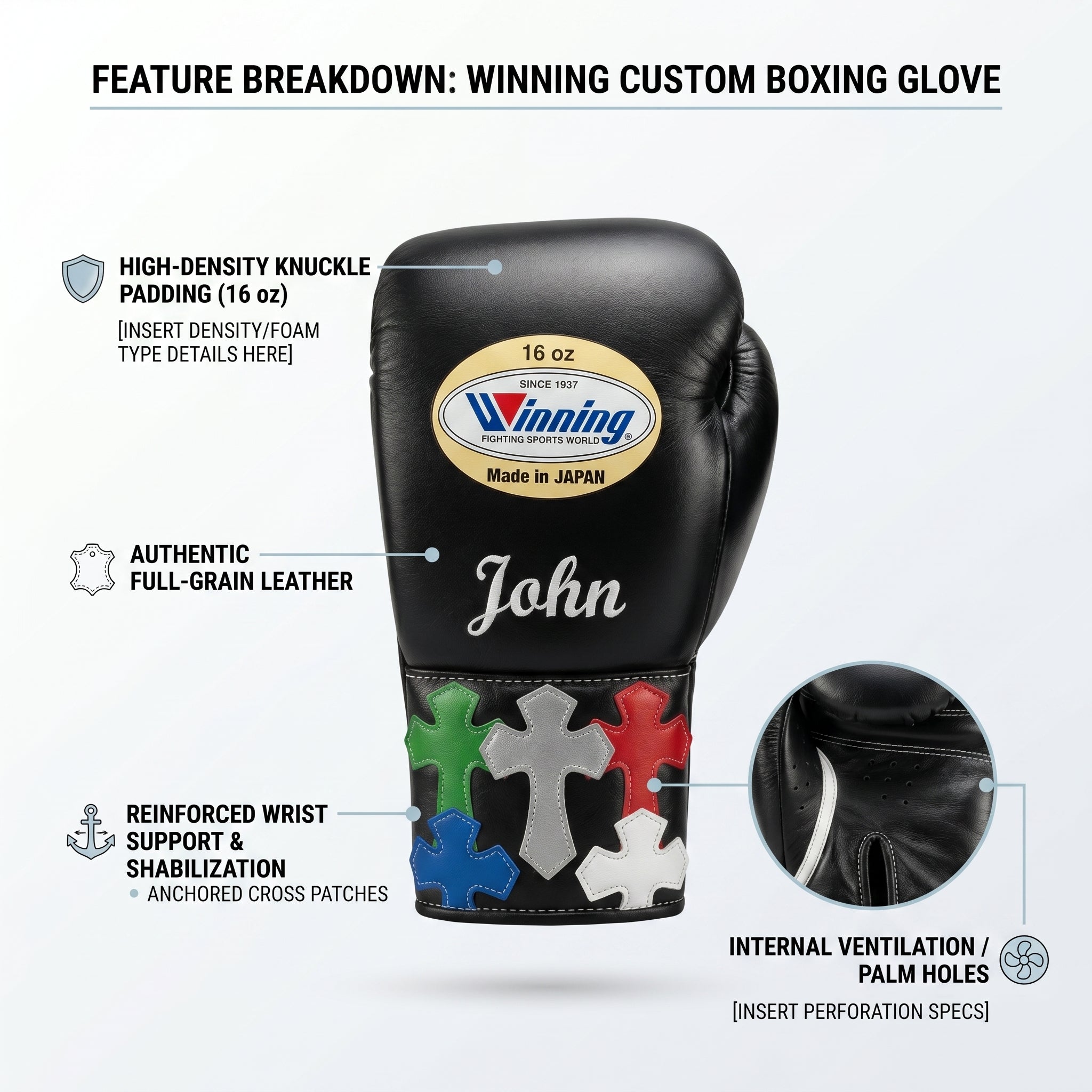 Winning Custom Boxing Gloves – Personalised Name & Cross Patch Cuff (Made in Japan)