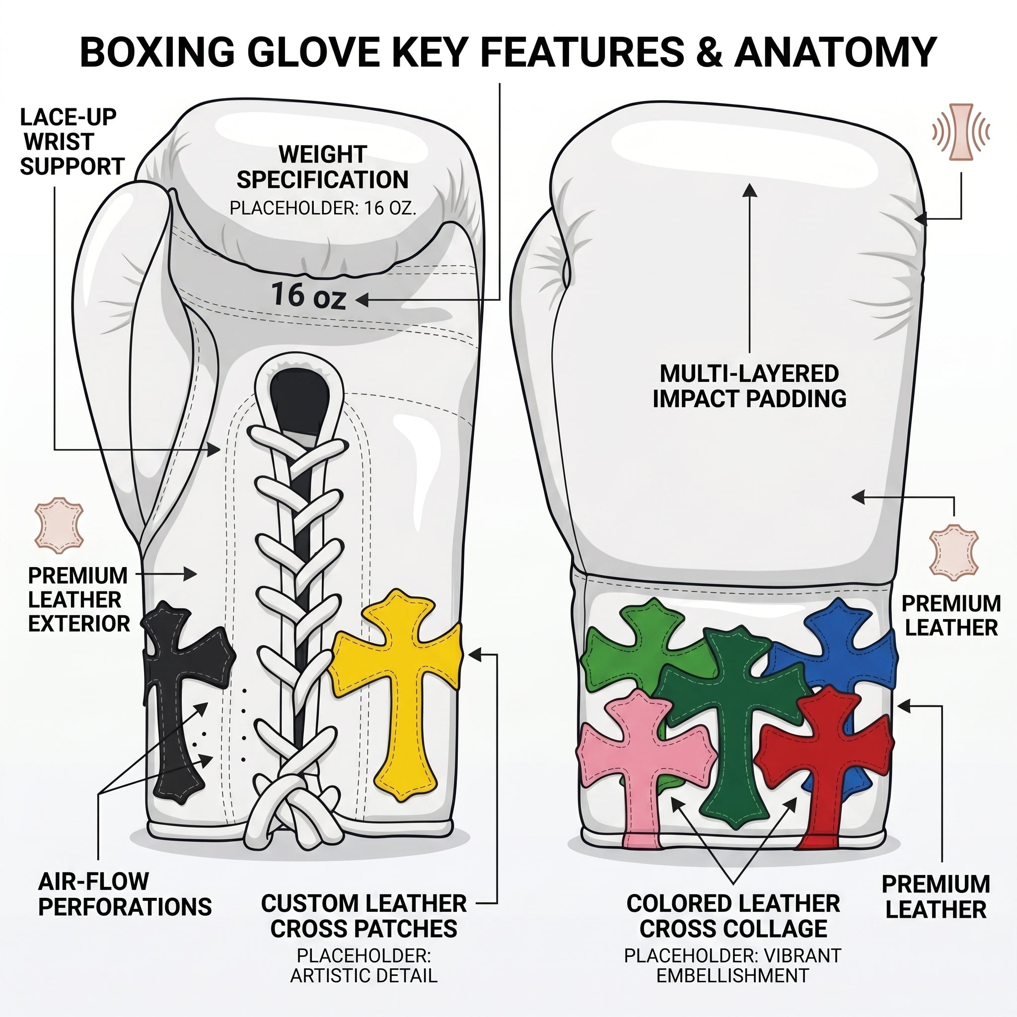 Champions Mafia White Boxing Gloves – Multi-Colour Cross Patch Lace-Up