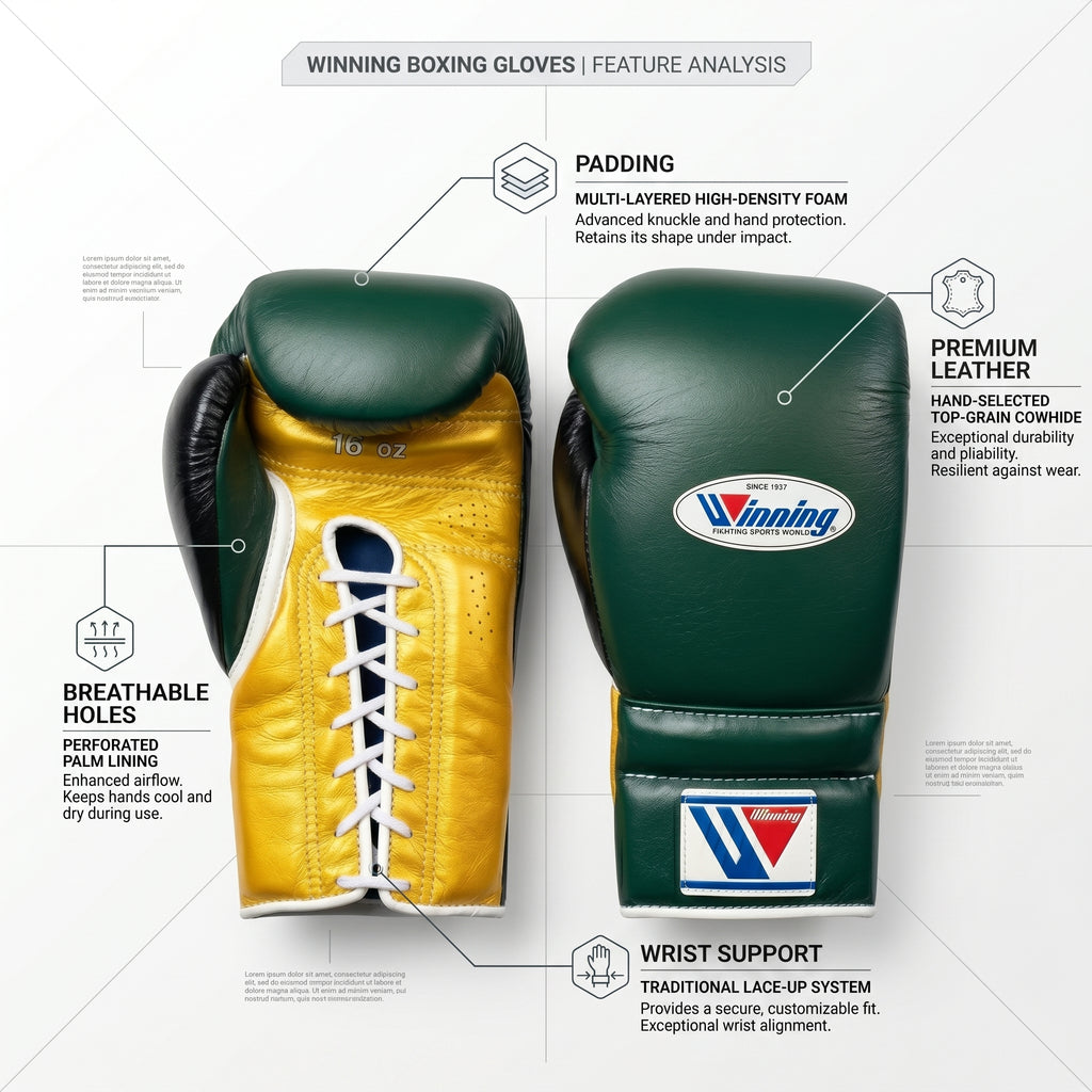 Winning Boxing Gloves – Forest Green/Gold Lace-Up