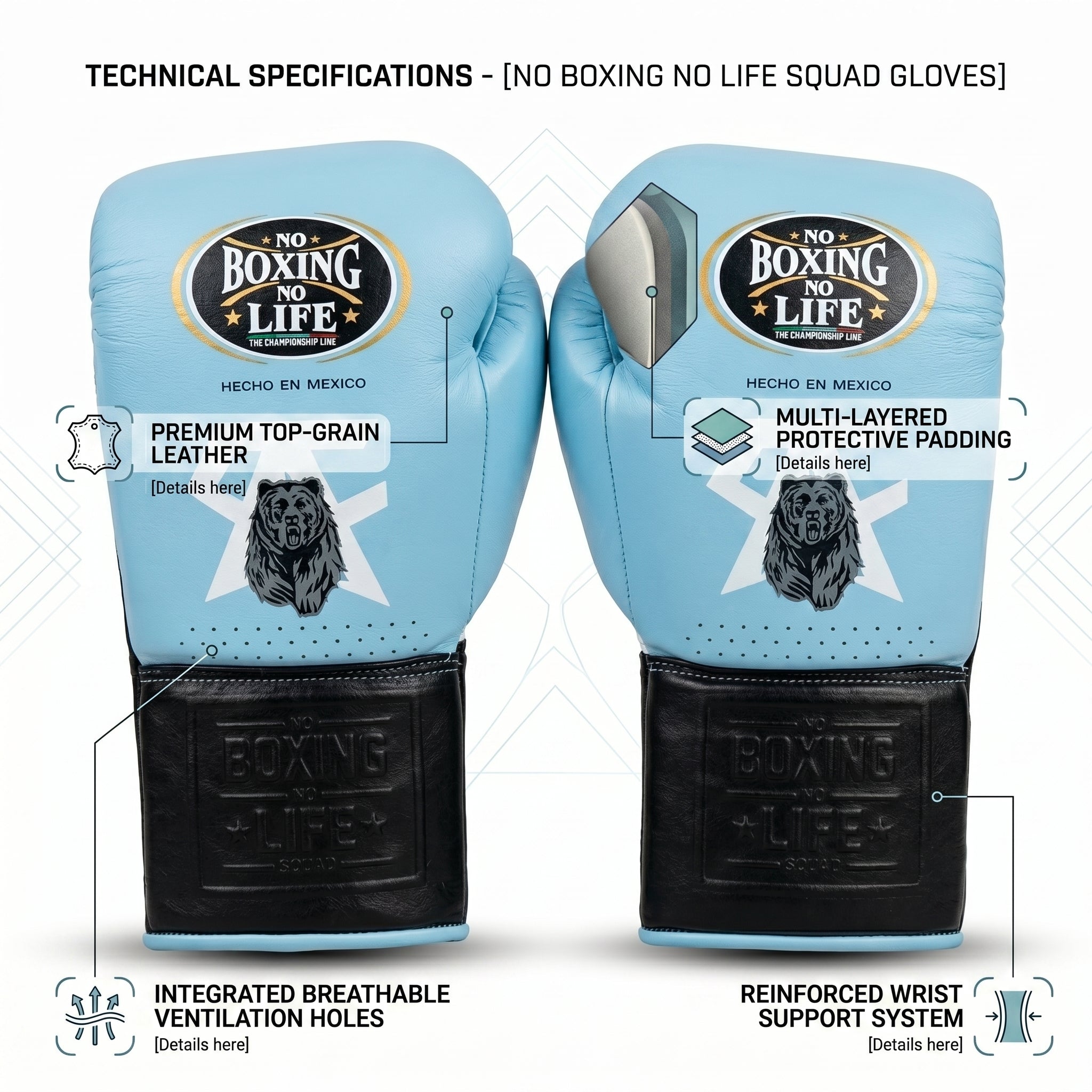 No Boxing No Life Squad Boxing Gloves – Sky Blue & Black Lace-Up (Hecho en Mexico)