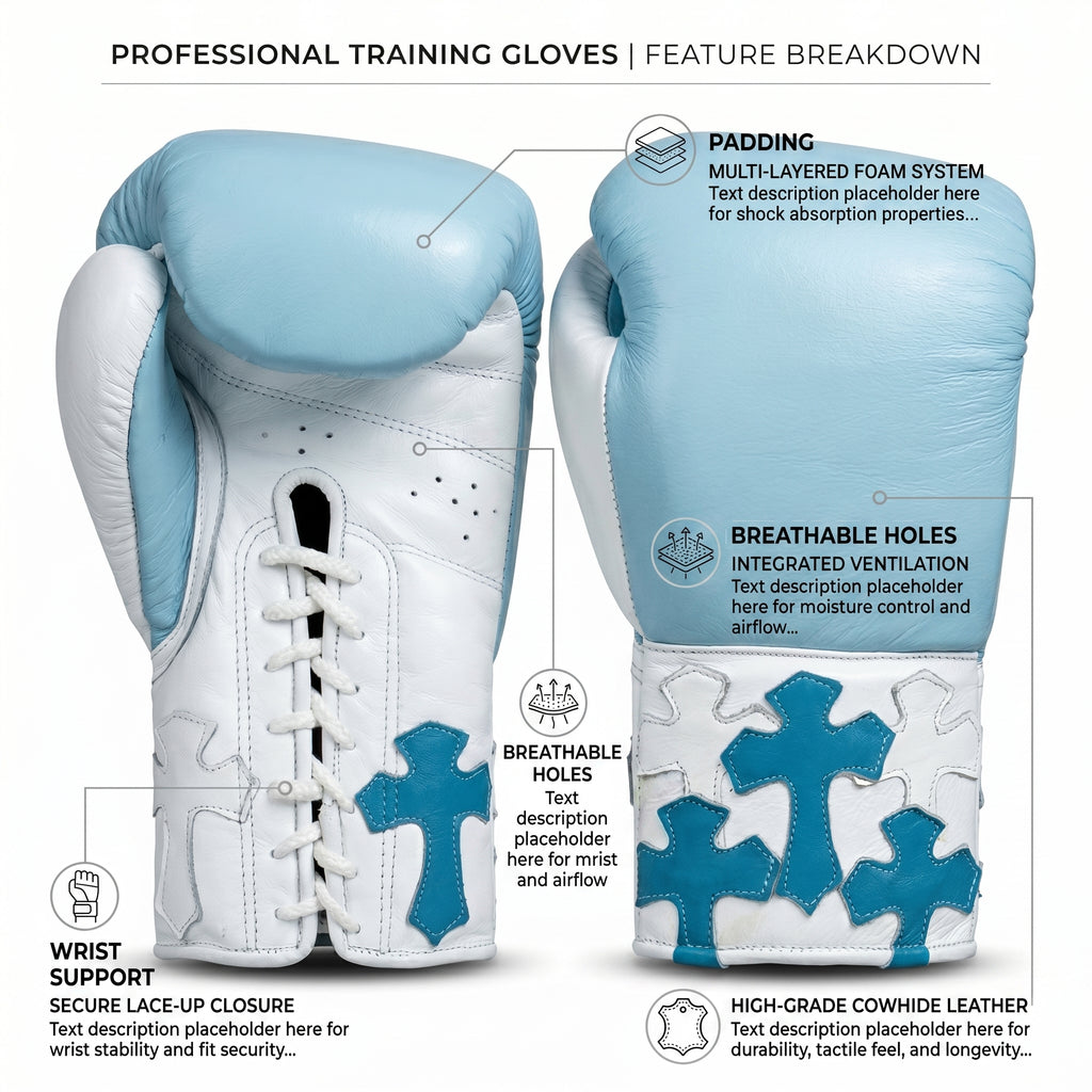 Sky Blue & White Teal Cross Patch Champions Mafia Professional Training Boxing Gloves – Lace-Up