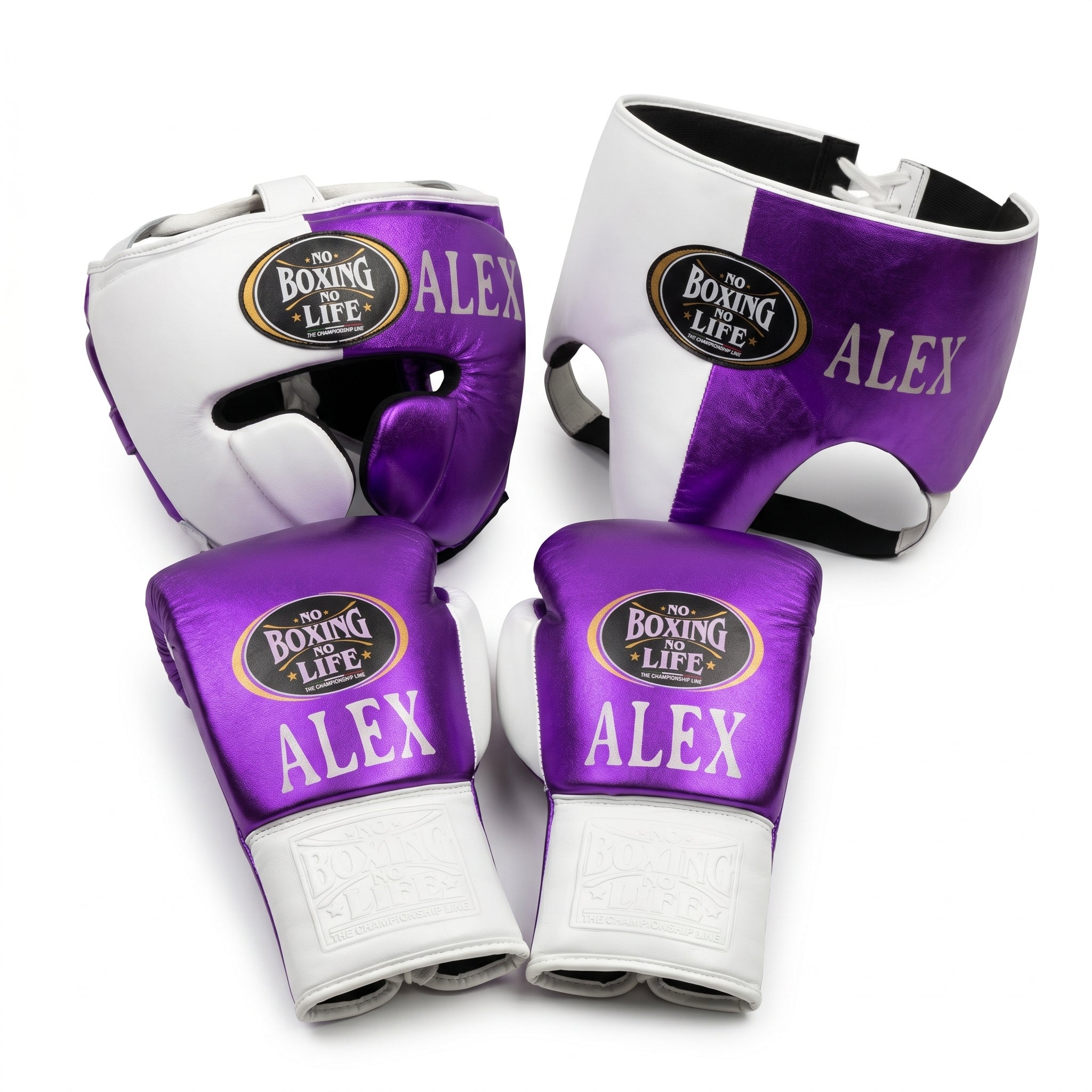 Metallic Purple & White Handmade Boxing Sparring Kit – No Boxing No Life | Personalise Your Name