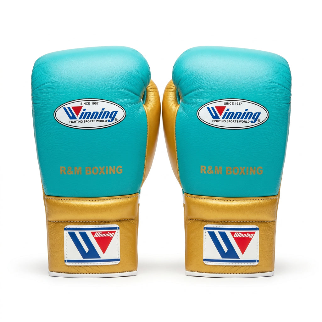 Winning x R&M Boxing Gloves – Cyan/Gold Lace-Up (Custom Edition)