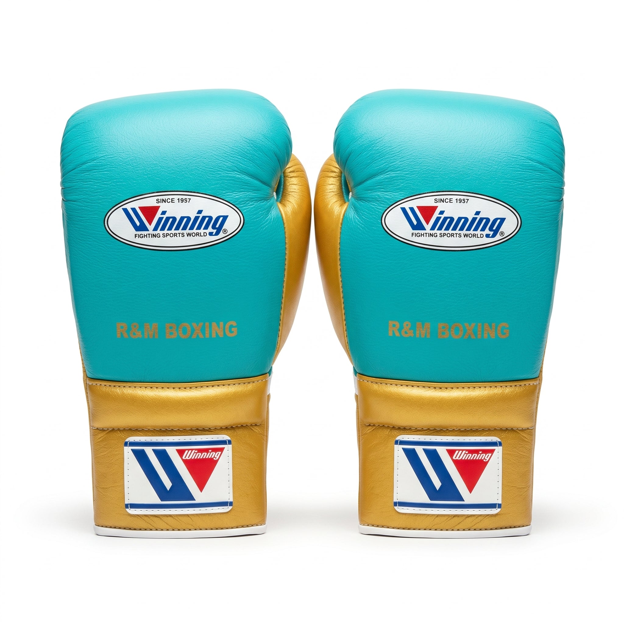 Winning x R&M Boxing Gloves – Cyan/Gold Lace-Up (Custom Edition)