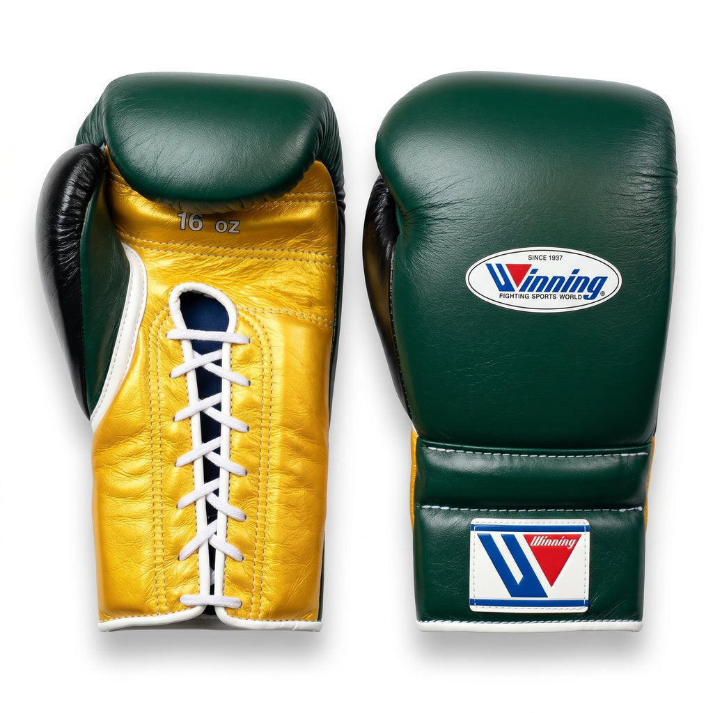 Winning Boxing Gloves – Forest Green/Gold Lace-Up
