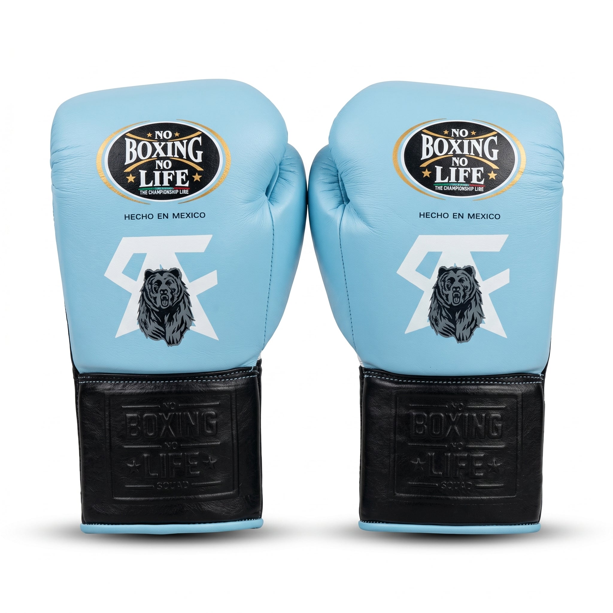 No Boxing No Life Squad Boxing Gloves – Sky Blue & Black Lace-Up (Hecho en Mexico)