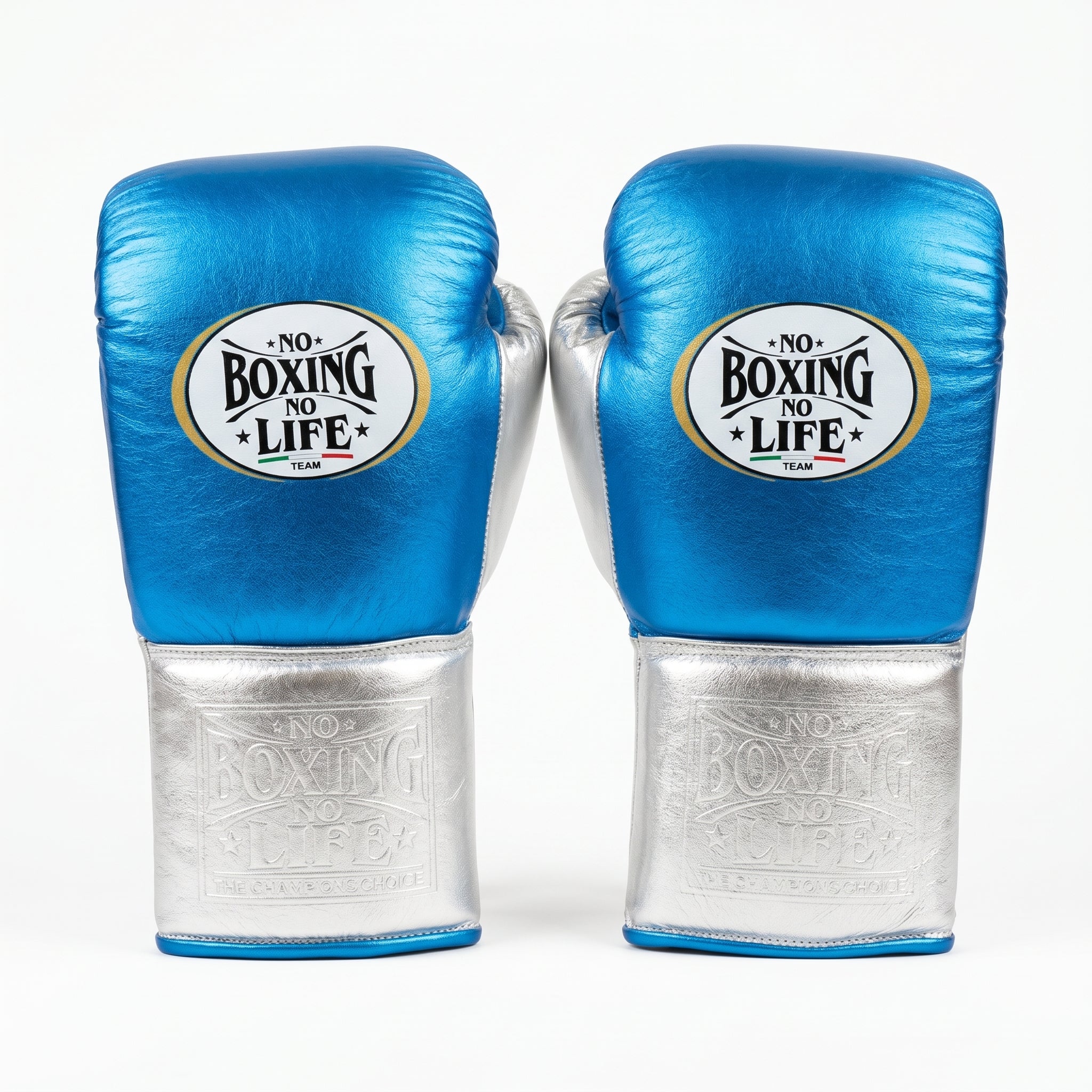 No Boxing No Life RTGX Championship Boxing Gloves – Metallic Blue & Silver Lace-Up