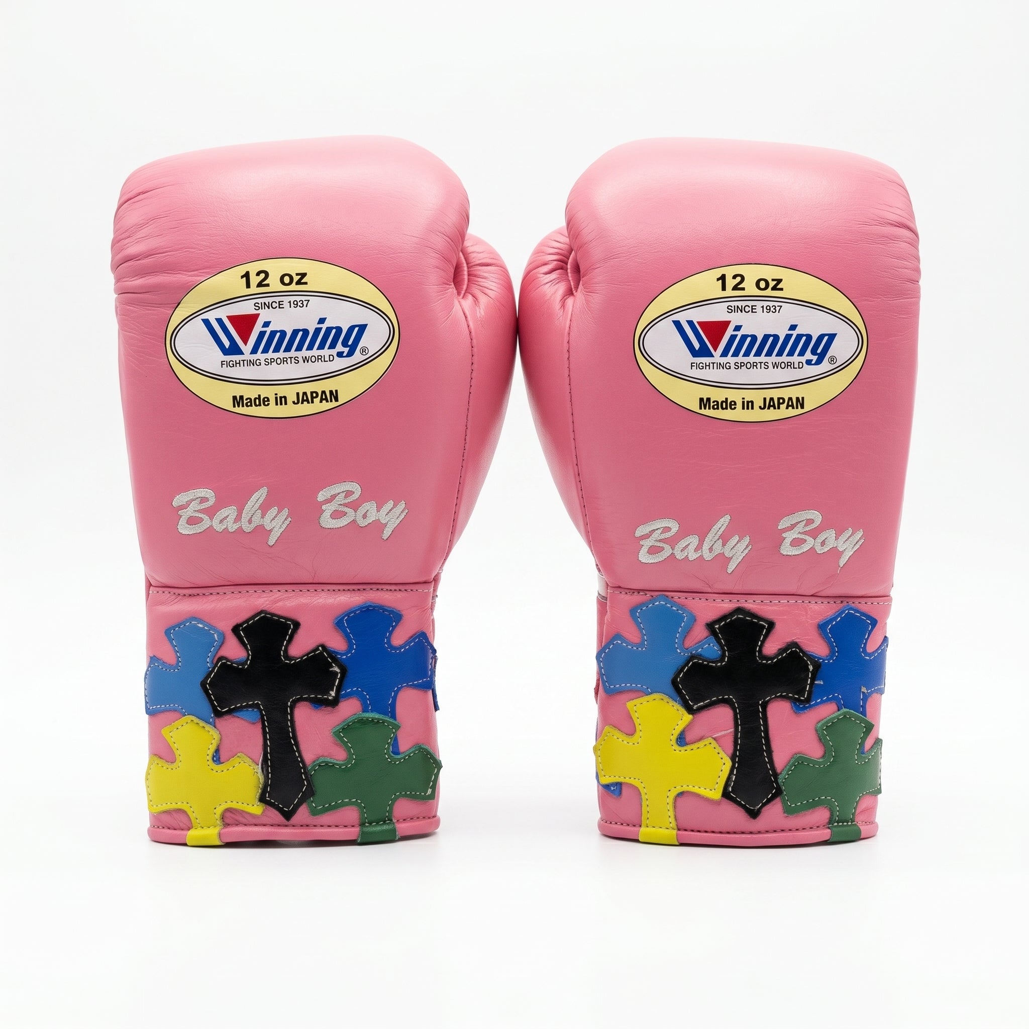 Winning Custom Boxing Gloves – Baby Boy Pink Multi-Colour Cross Patch Lace-Up (Made in Japan)