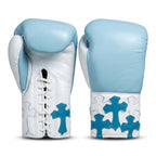 Sky Blue & White Teal Cross Patch Champions Mafia Professional Training Boxing Gloves – Lace-Up