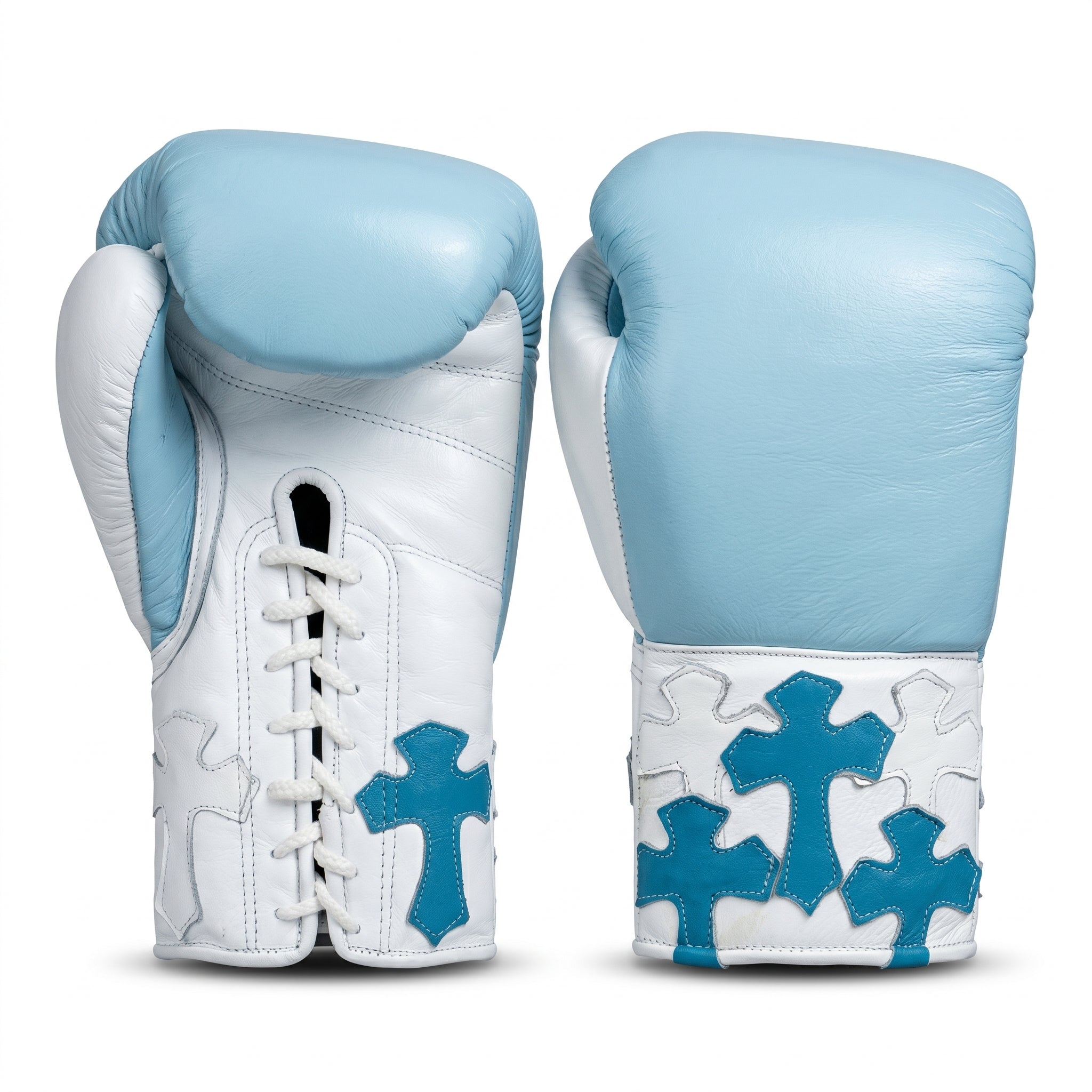 Sky Blue & White Teal Cross Patch Champions Mafia Professional Training Boxing Gloves – Lace-Up