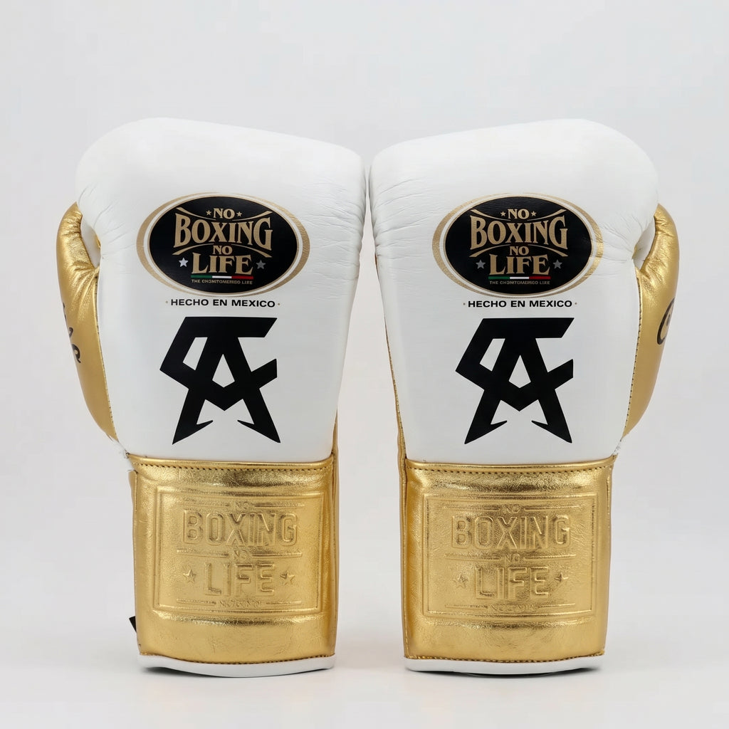 No Boxing No Life x Canelo Álvarez Boxing Gloves – White/Gold Lace-Up