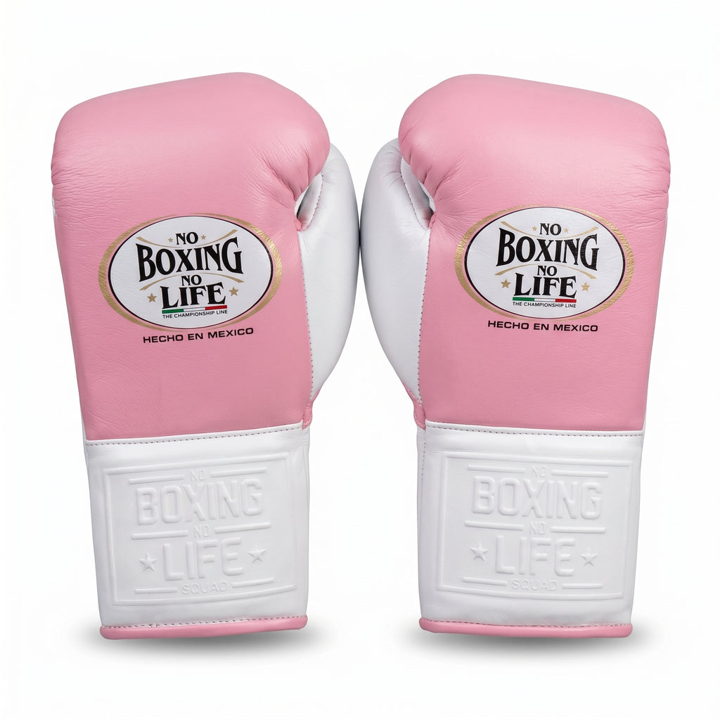 No Boxing No Life Boxing Gloves – Pink/White Lace-Up (Championship Line)
