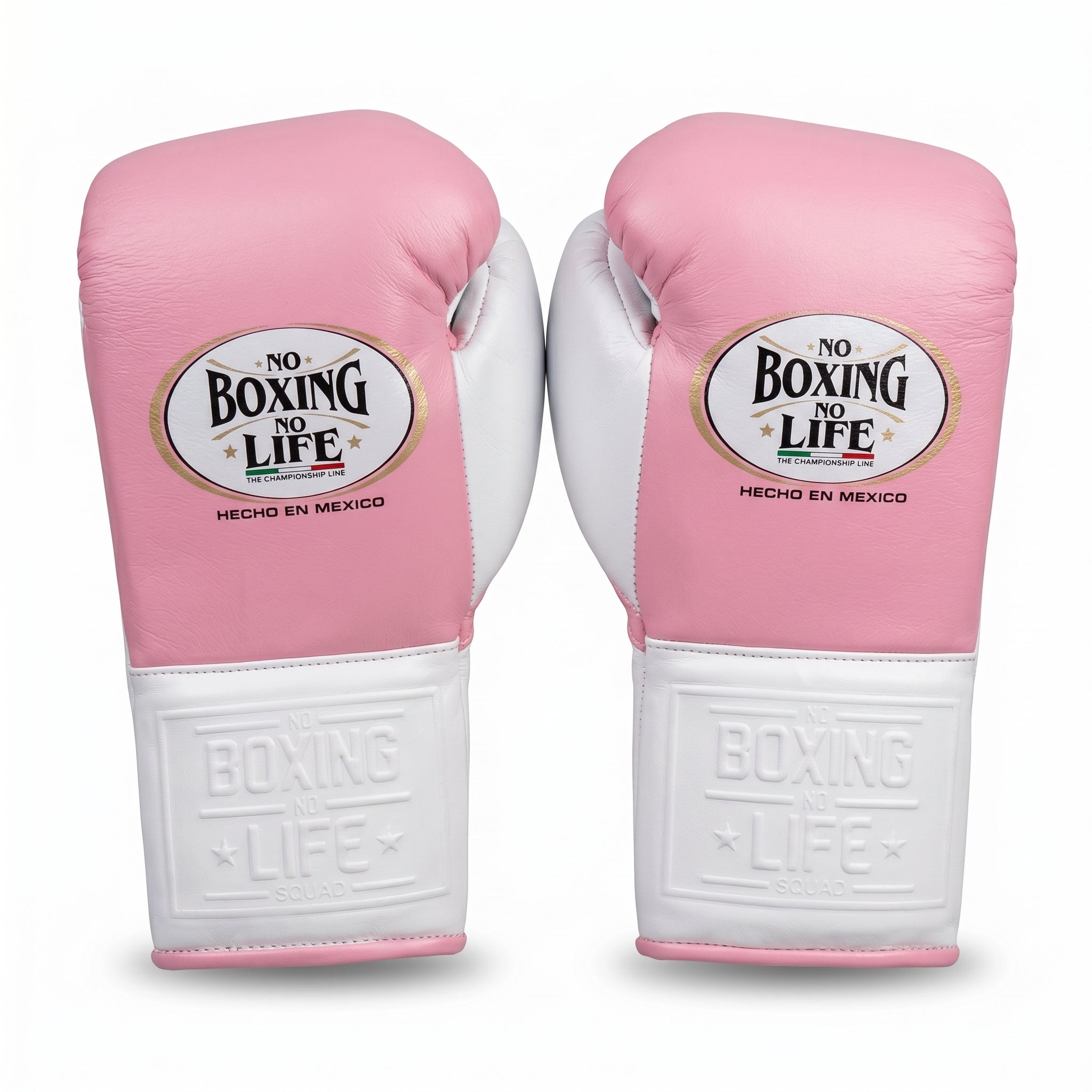 No Boxing No Life Boxing Gloves – Pink/White Lace-Up (Championship Line)