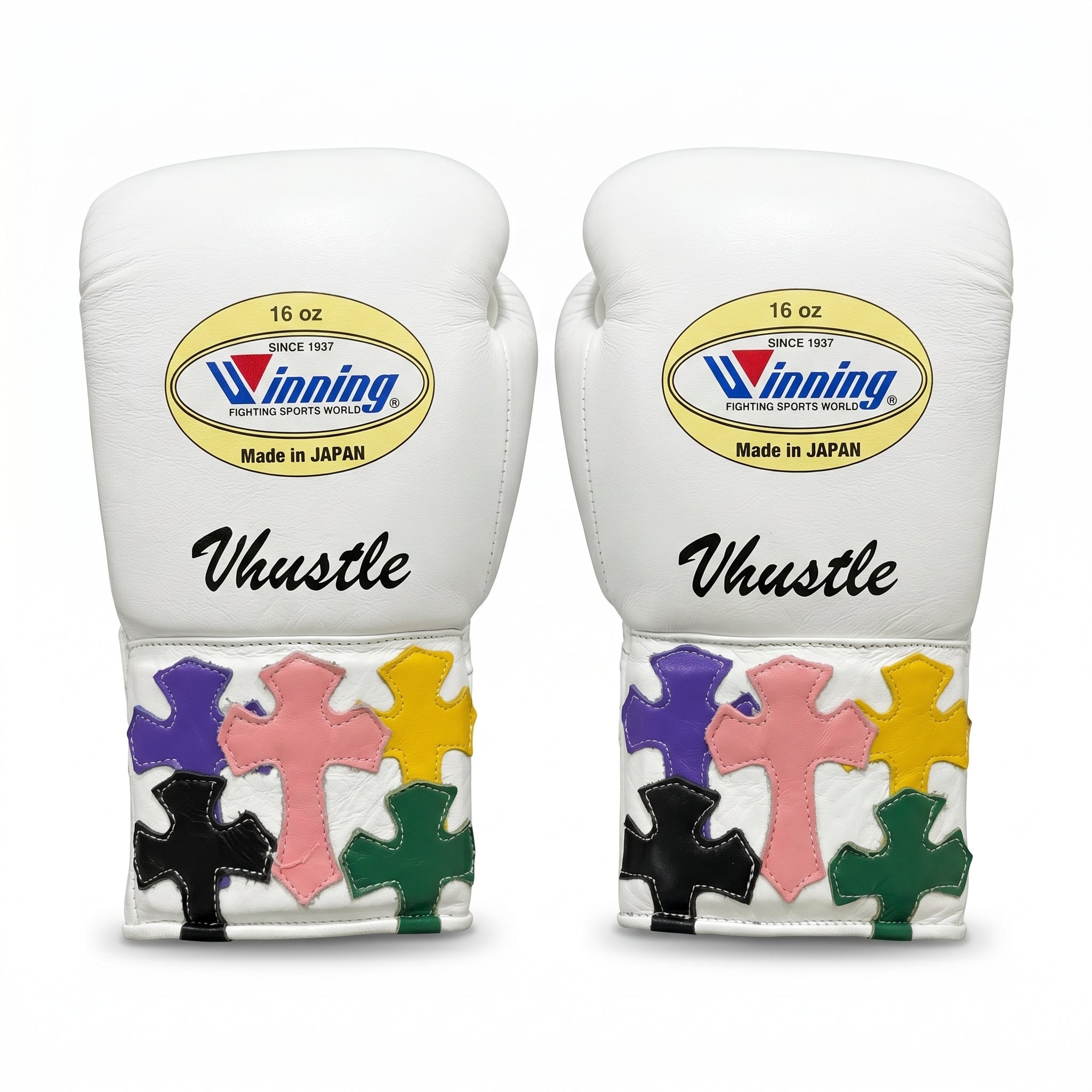 Winning Custom Boxing Gloves – Vhustle White Multi-Colour Cross Patch (Made in Japan)