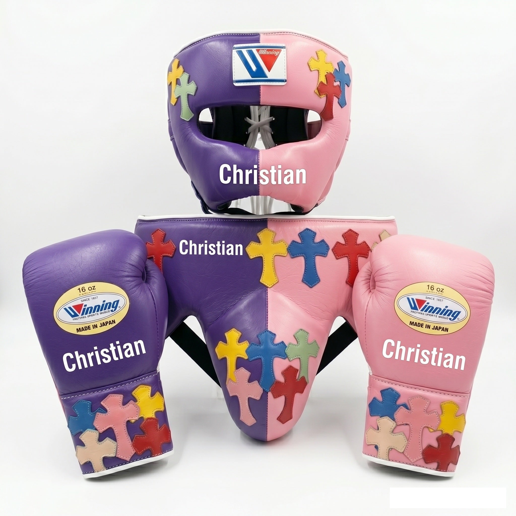 Purple & Pink Split Boxing Sparring Kit – Cross Patch Design | Winning Premium Quality | Personalise Your Name