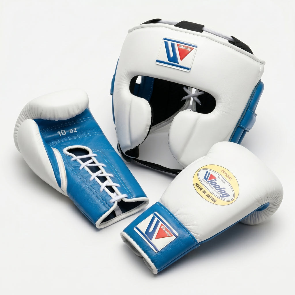 White & Blue Handmade Boxing Kit – Winning Official Gloves & Headgear