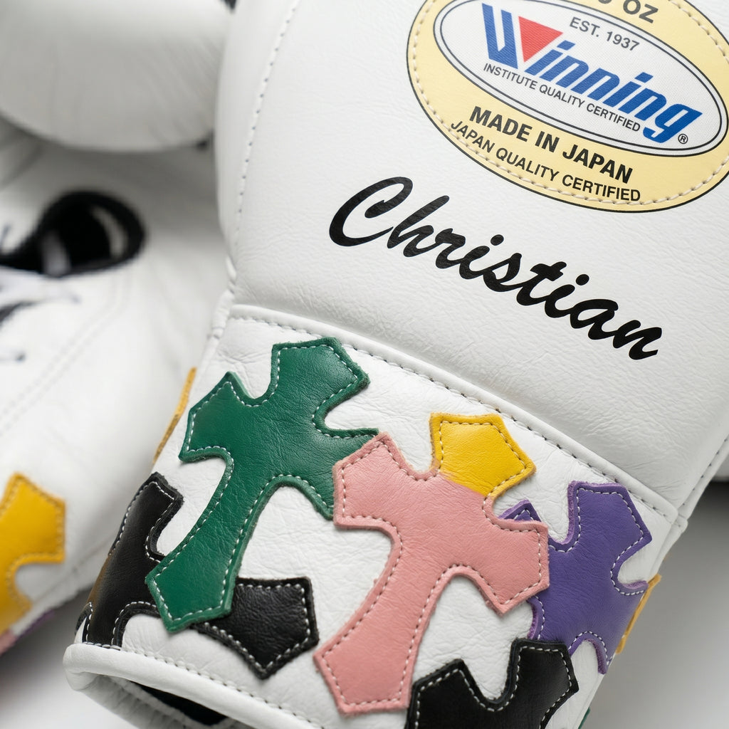 Custom White Sparring Kit – Multicolour Cross Design | Personalised Name