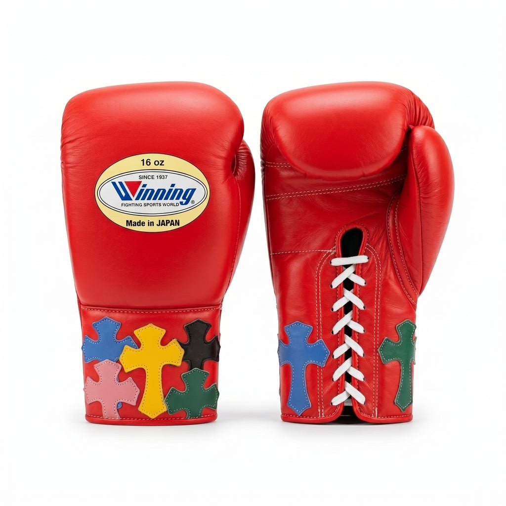Winning Red Boxing Gloves – Multi-Colour Cross Patch Lace-Up (Made in Japan)
