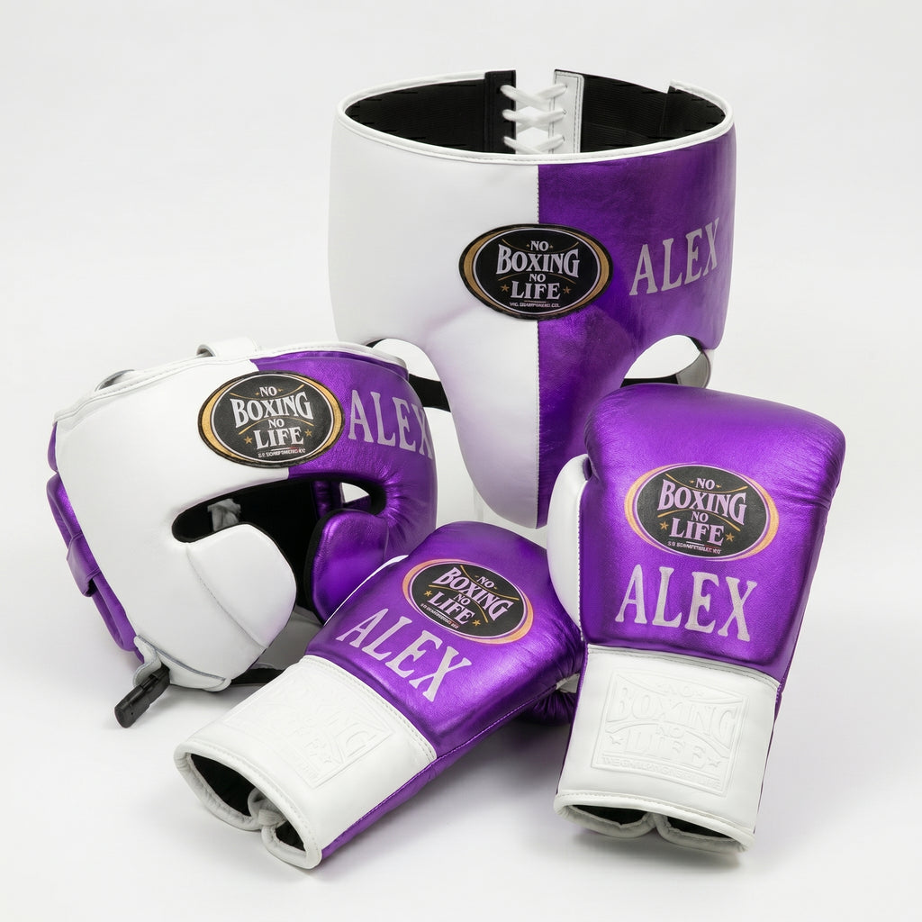 Metallic Purple & White Handmade Boxing Sparring Kit – No Boxing No Life | Personalise Your Name