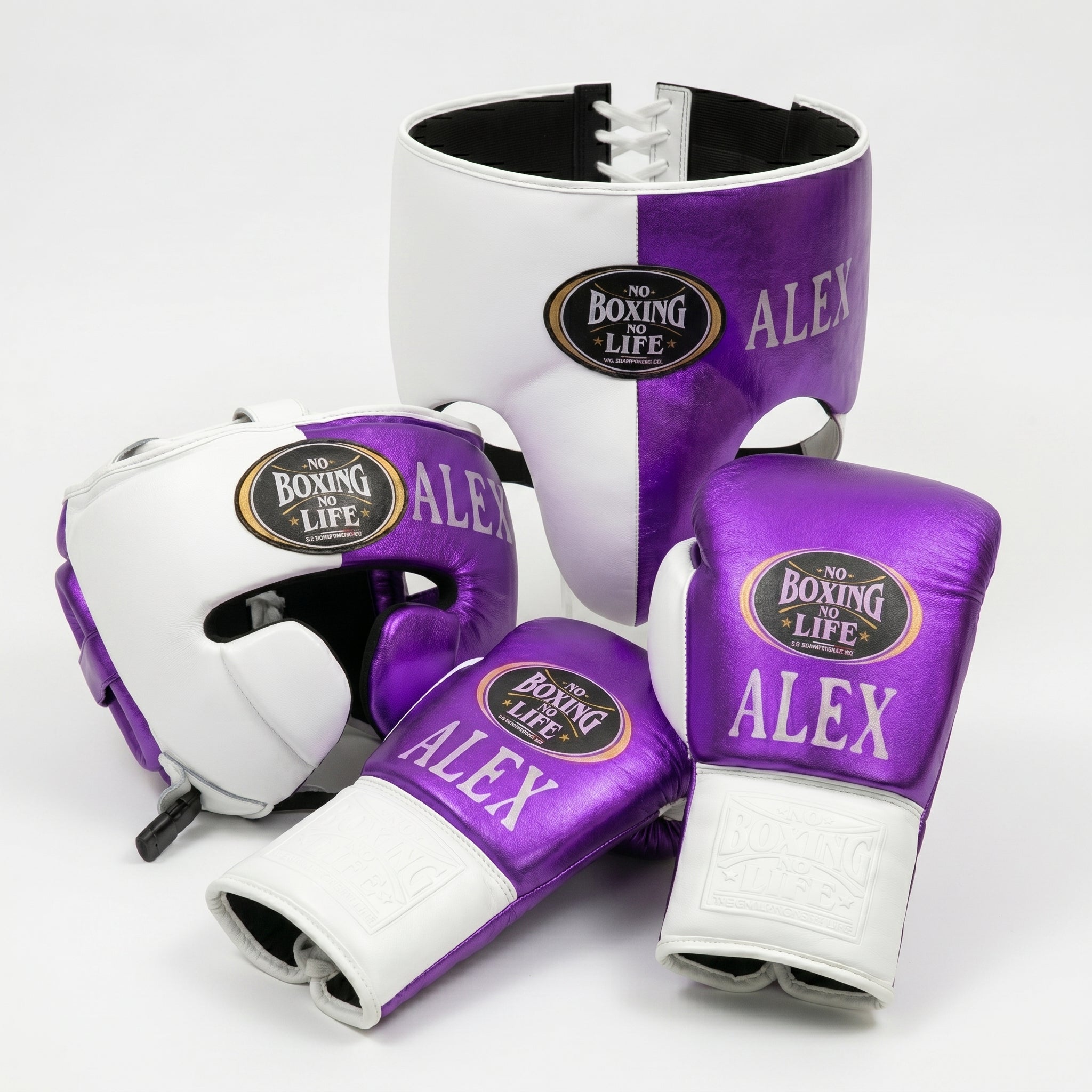 Metallic Purple & White Handmade Boxing Sparring Kit – No Boxing No Life | Personalise Your Name
