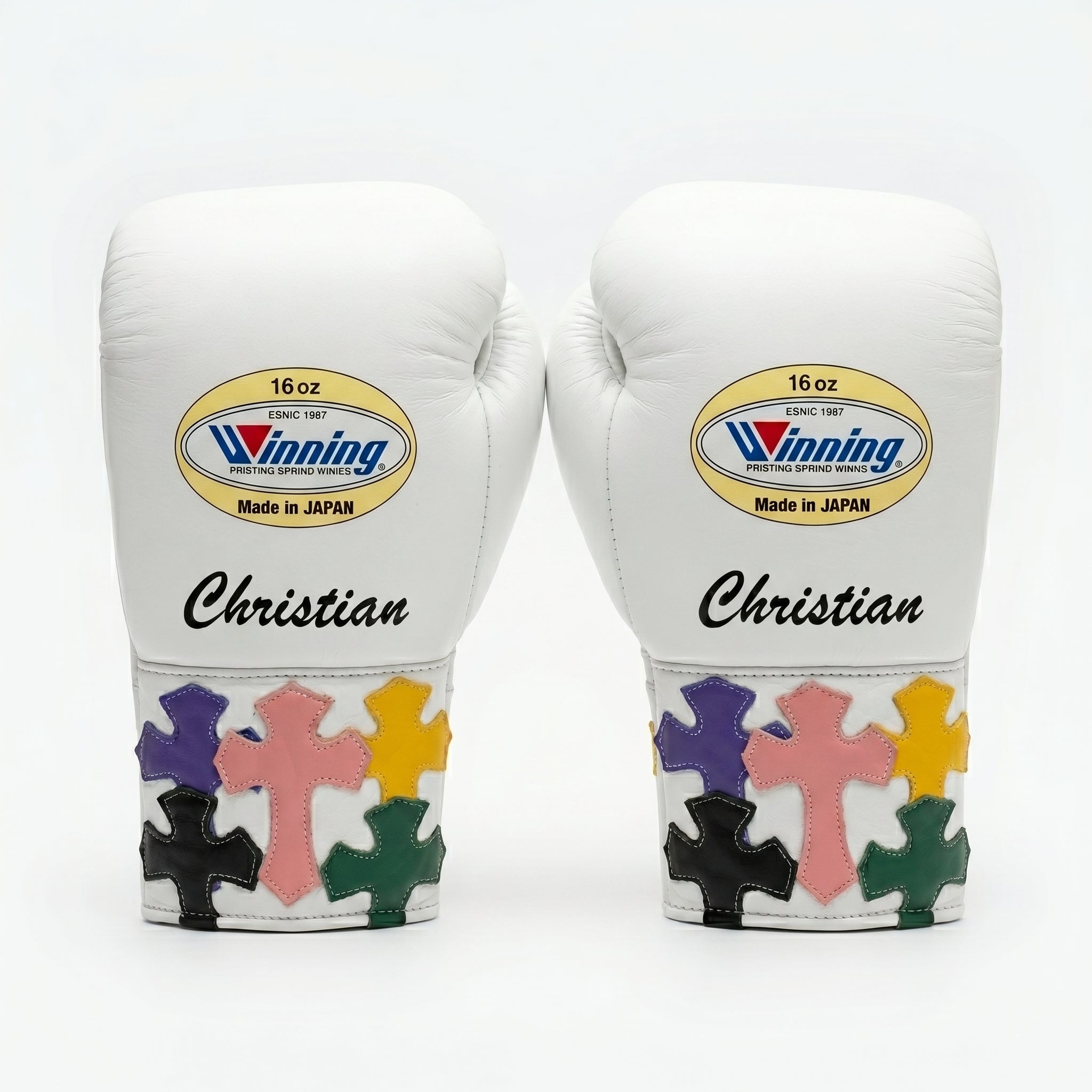 Custom White Sparring Kit – Multicolour Cross Design | Personalised Name