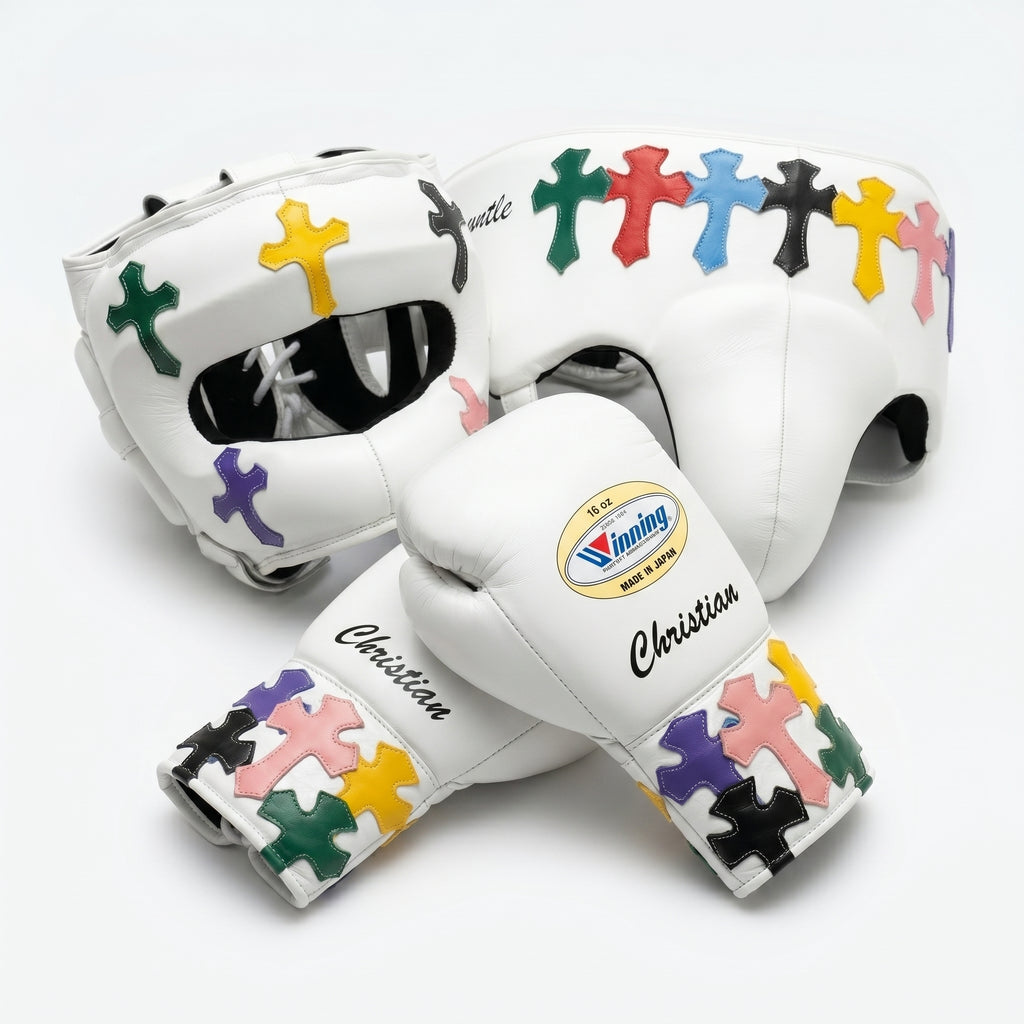 Custom White Sparring Kit – Multicolour Cross Design | Personalised Name