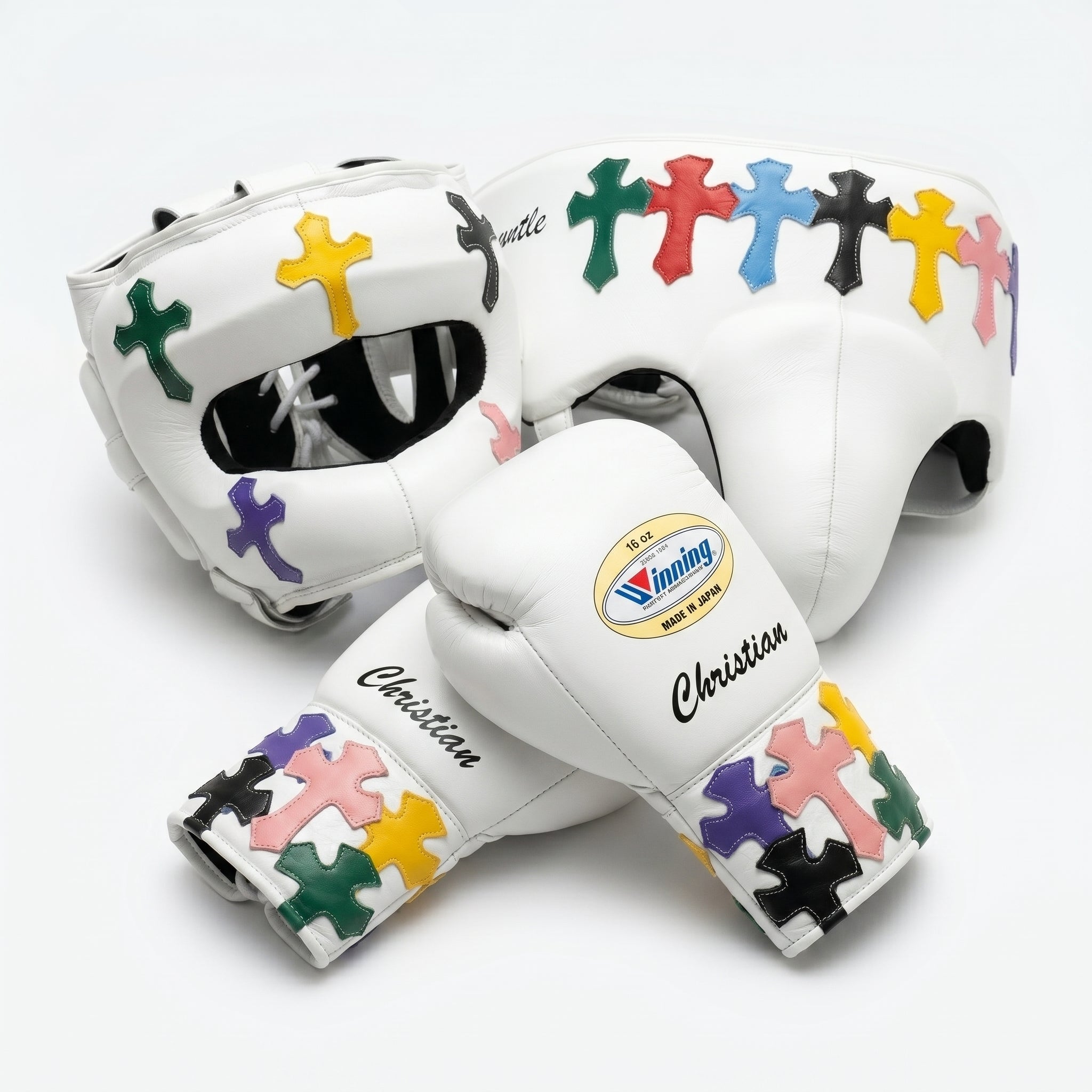 Custom White Sparring Kit – Multicolour Cross Design | Personalised Name