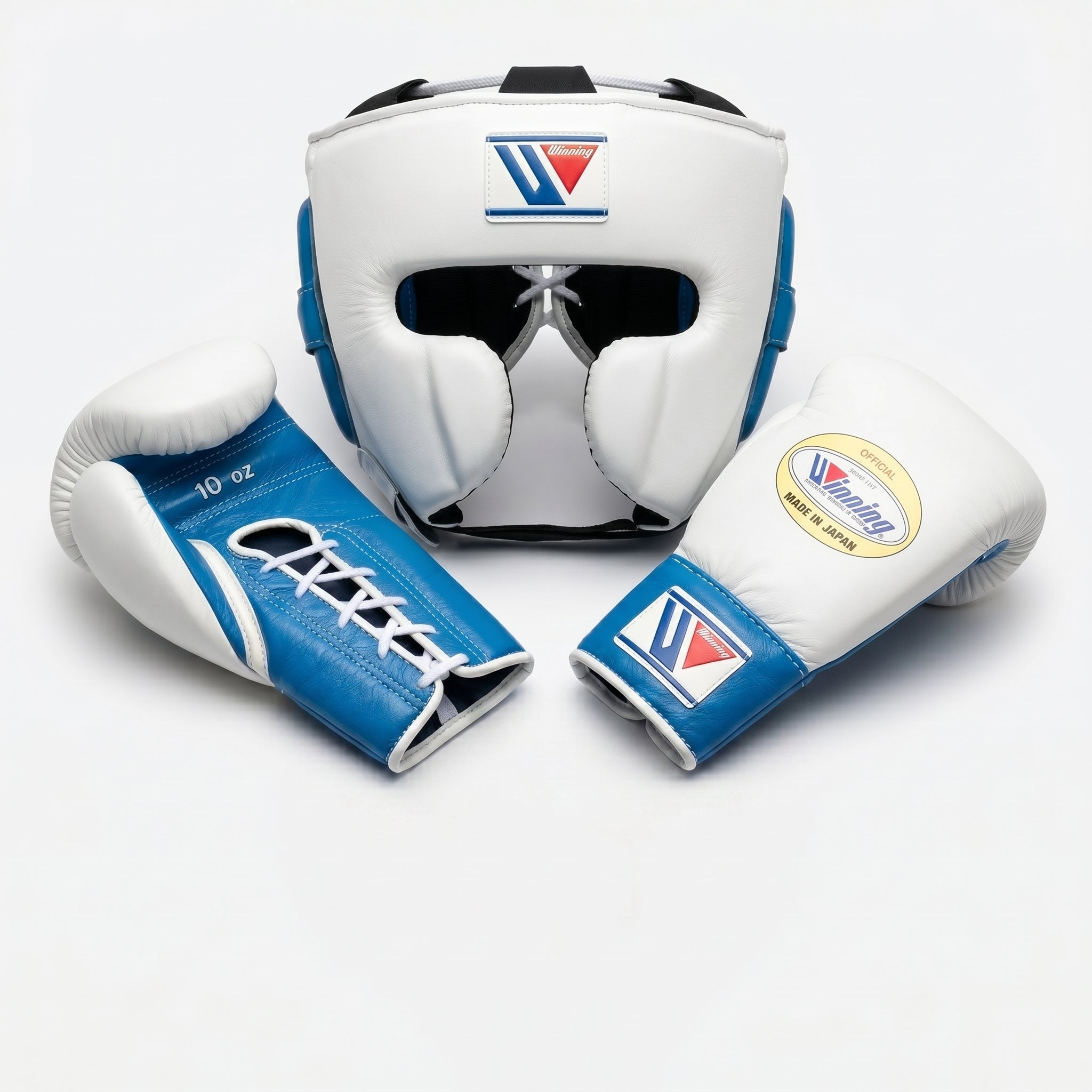 White & Blue Handmade Boxing Kit – Winning Official Gloves & Headgear
