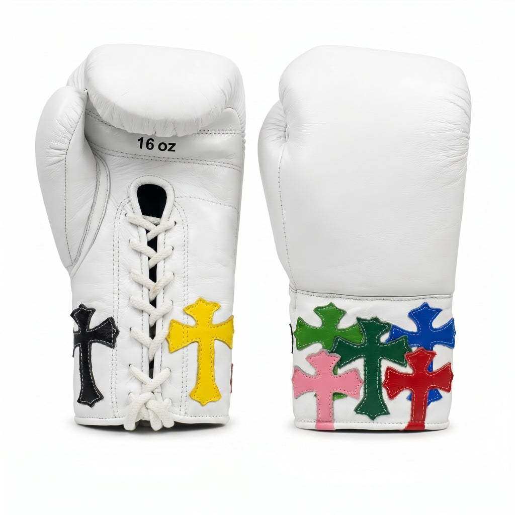 Champions Mafia White Boxing Gloves – Multi-Colour Cross Patch Lace-Up