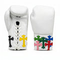 Champions Mafia White Boxing Gloves – Multi-Colour Cross Patch Lace-Up